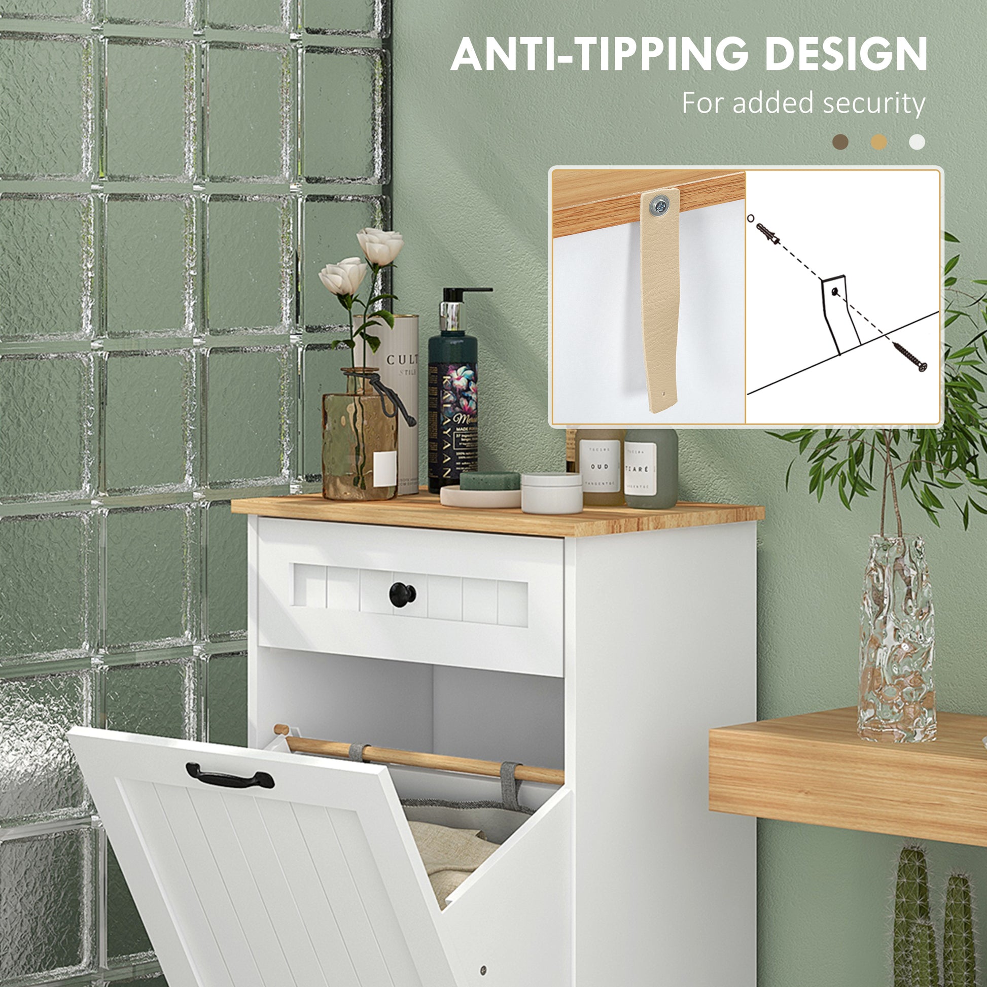 Modern Bathroom Storage Cabinet with Hamper, Fabric Basket and Drawer for Washroom, Laundry Room, White Bathroom Cabinets   at Gallery Canada