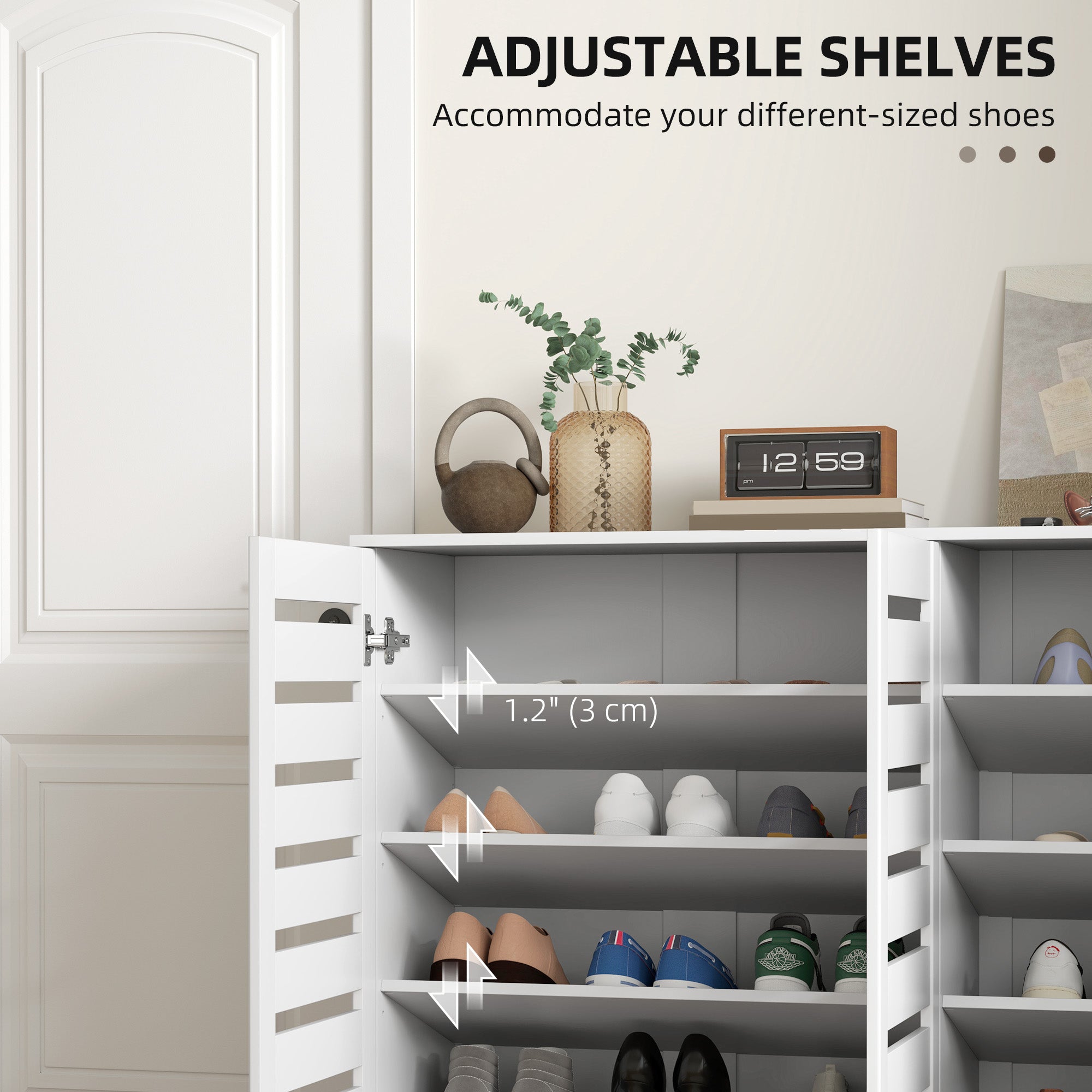 Narrow Shoe Cabinet with Slatted Doors, Adjustable Shelves for 20 Pairs of Shoes, Shoe Cabinet for Entryway, White Shoe Storage Cabinets & Racks at Gallery Canada