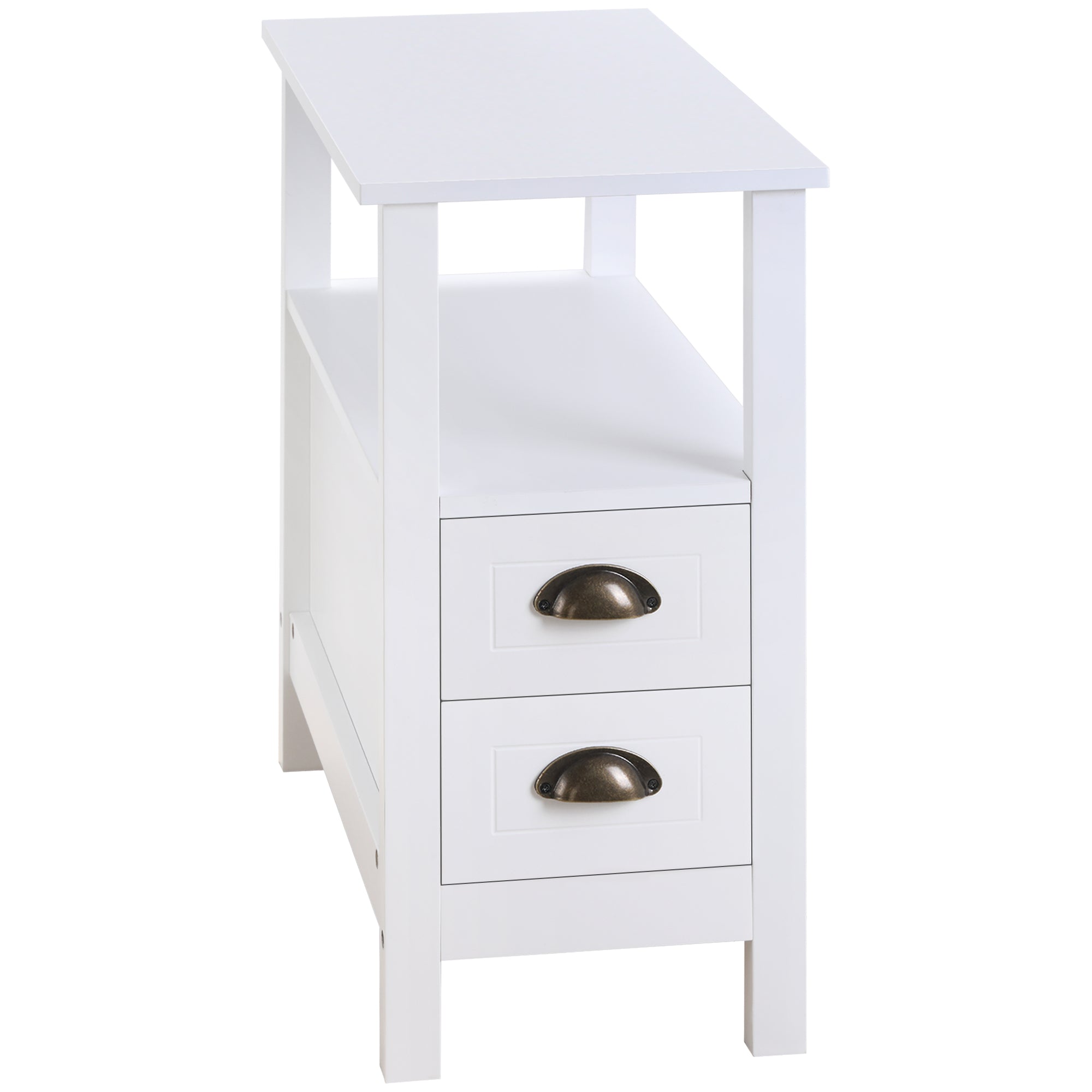 Slim End Table with 2 Drawers and Storage Shelf, Sofa Side Table for Living Room, Narrow Nightstand, White Side Tables White  at Gallery Canada