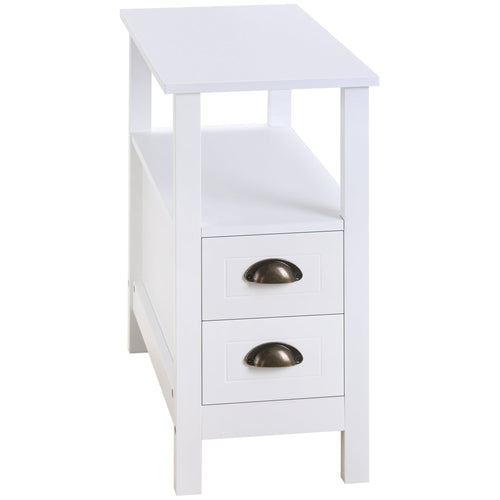 Slim End Table with 2 Drawers and Storage Shelf, Sofa Side Table for Living Room, Narrow Nightstand, White