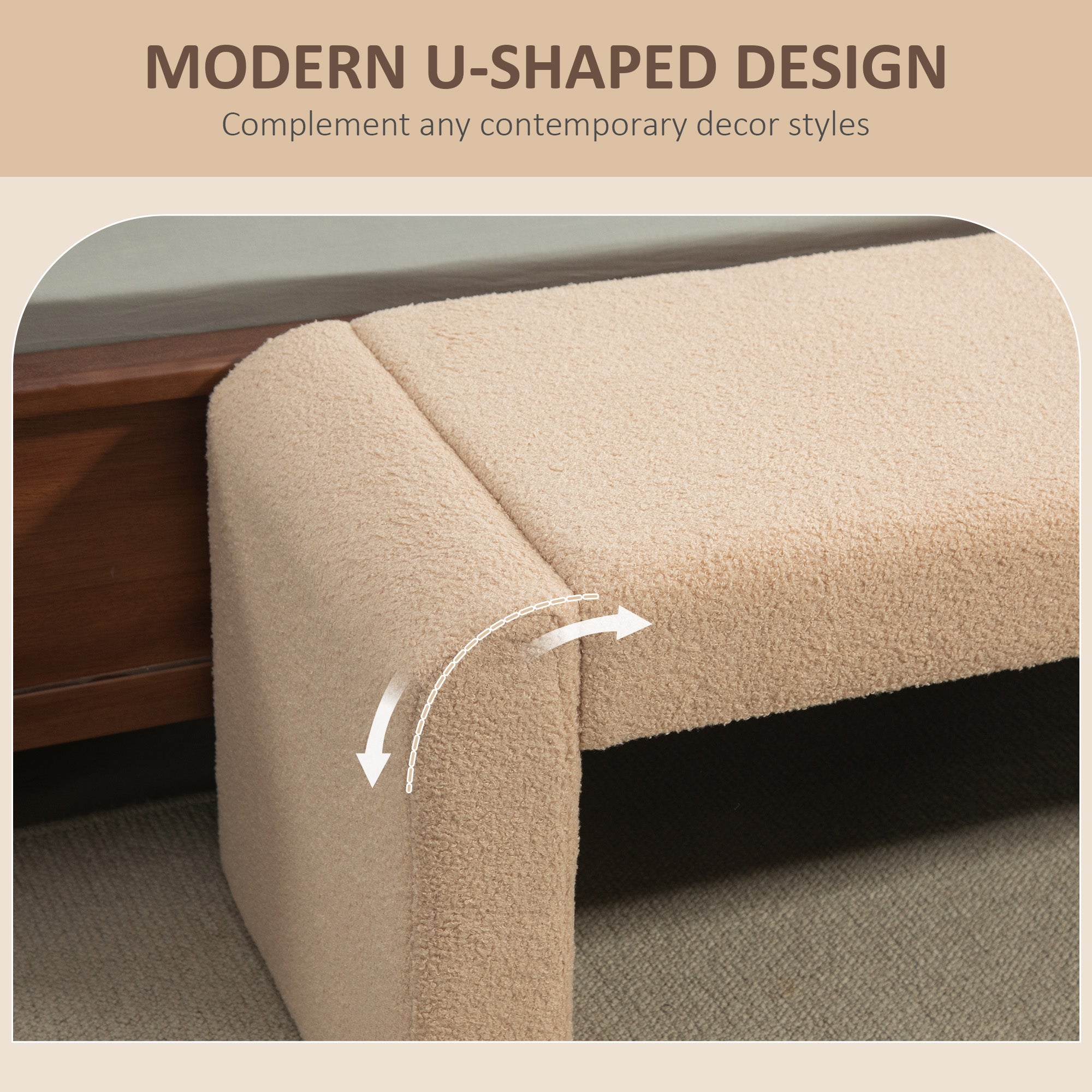 Upholstered Bedroom Bench, Boucle End of Bed Bench, Modern U-Shaped Entryway Bench, 47 x 18 x 18 Inches, Light Brown Storage Ottomans & Benches at Gallery Canada