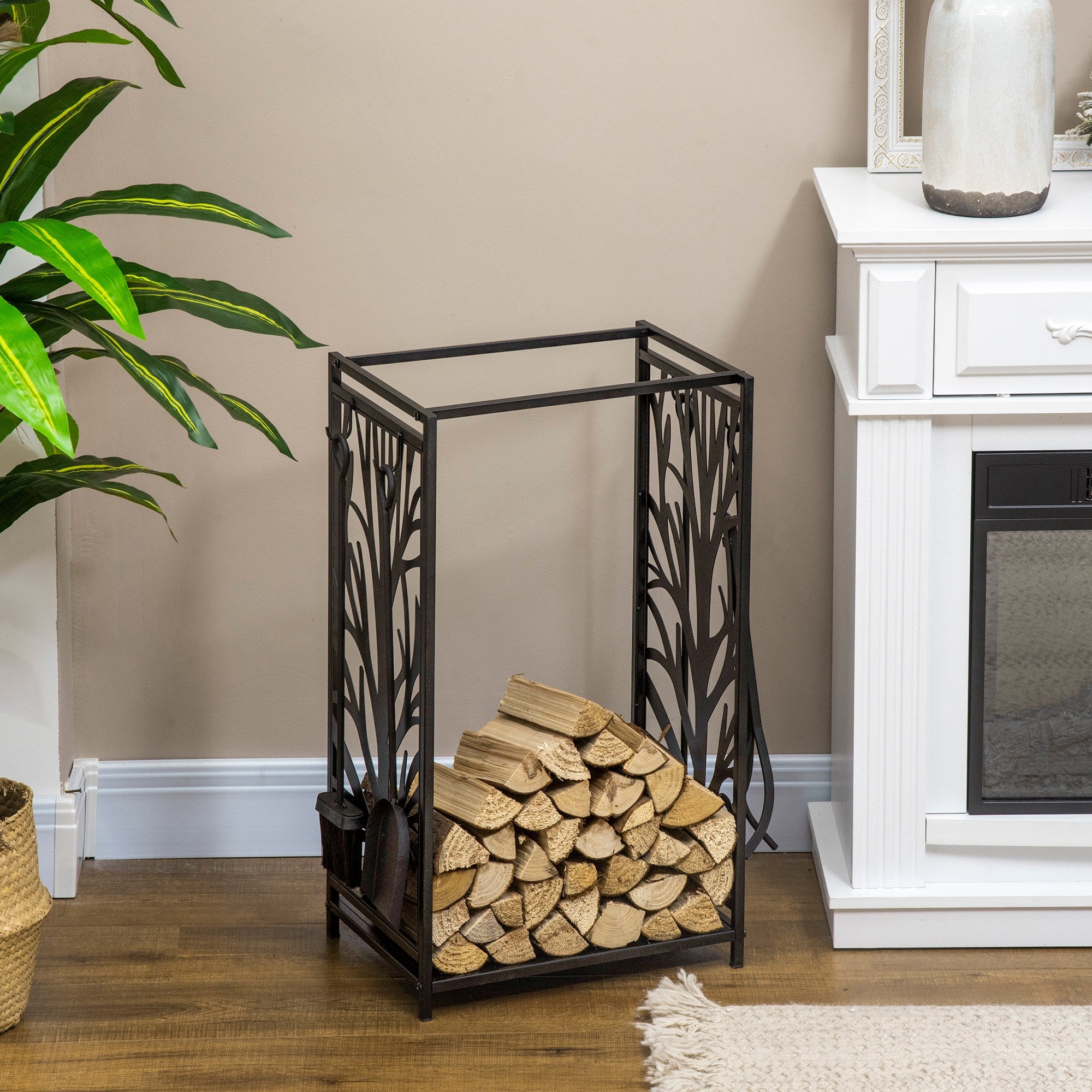 Firewood Rack with 4 Tools, Log Holder for Fireplace, Outdoor Indoor Wood Storage Stacker, 18.1