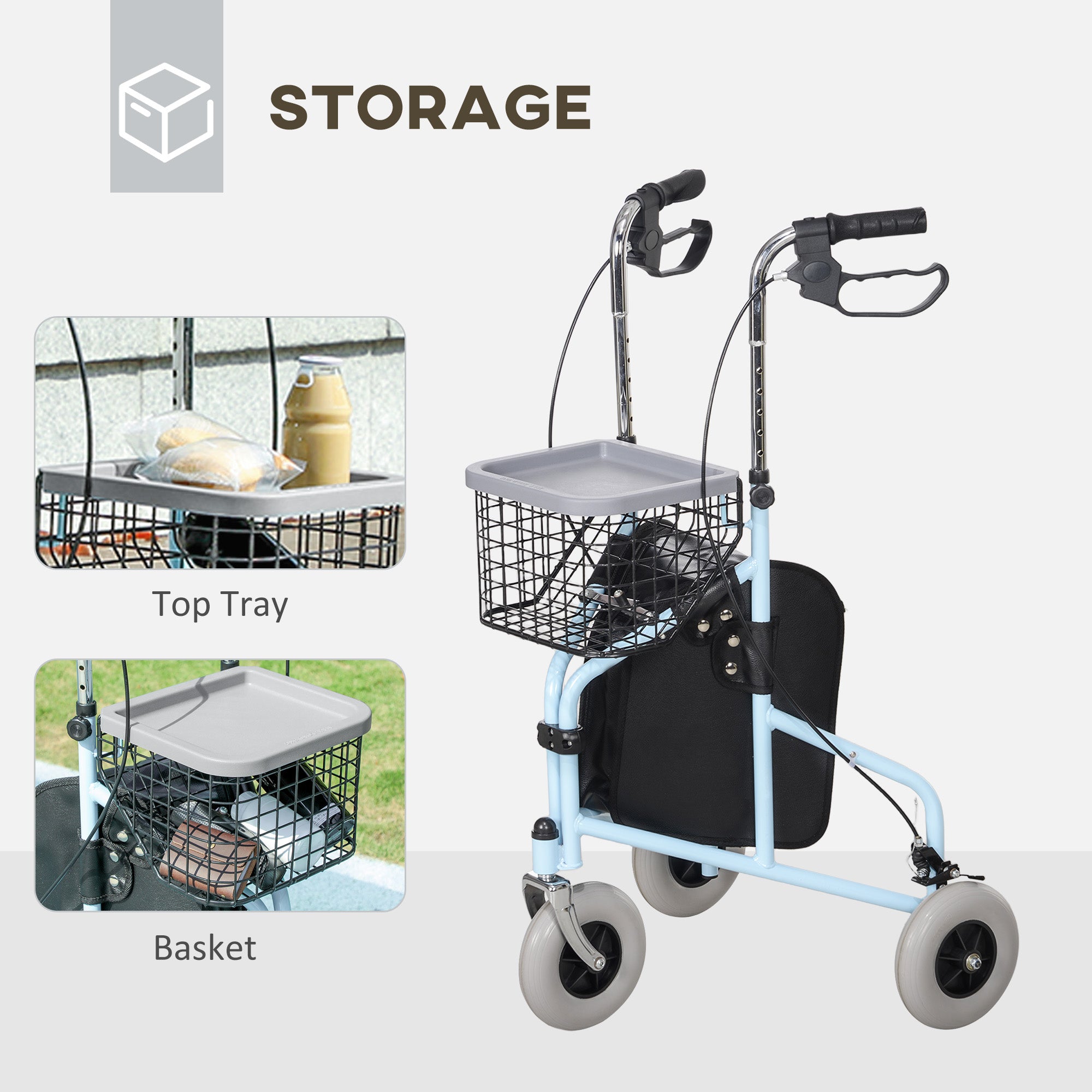 Upright Walker Up Rollator, Rolling Walker with Wheels, Storage Bag, Tray, Adjustable Handle Height, Blue Knee Walker & Wheelchair Ramps at Gallery Canada