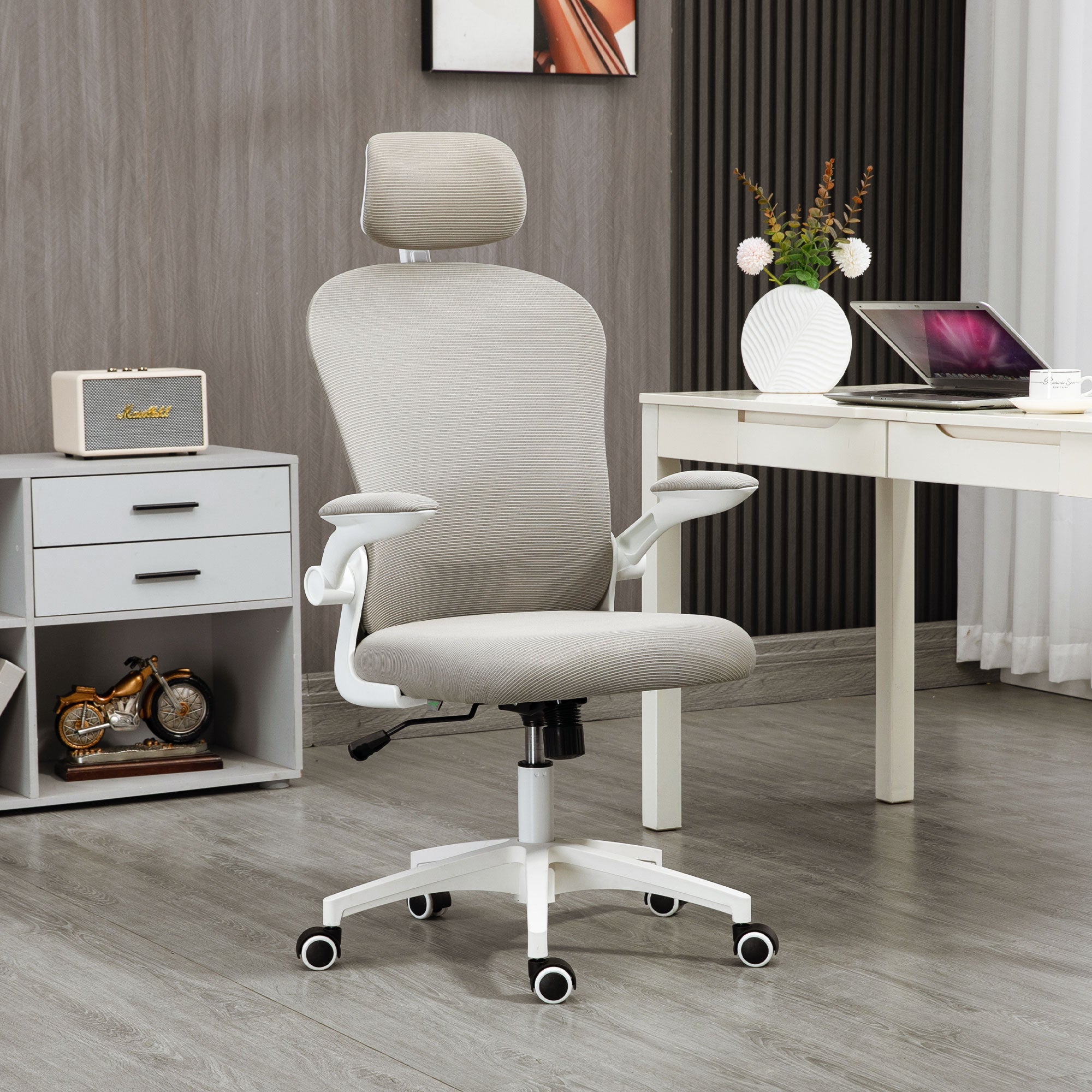 Office Chair, Mesh Computer Desk Chair with Adjustable Headrest, 4D Lumbar Support, Flip-up Arm, Grey Task Chairs at Gallery Canada
