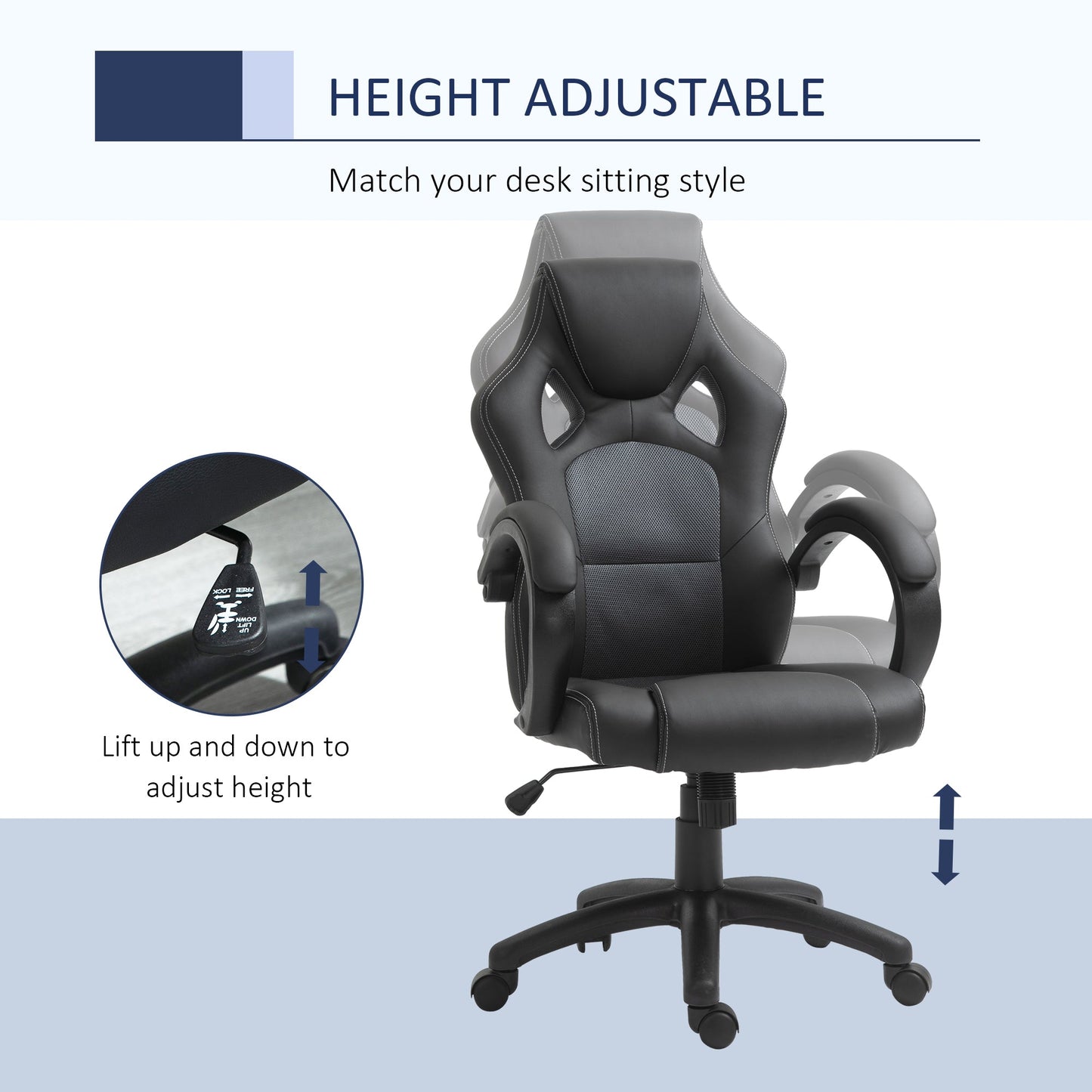 Racing Gaming Chair High Back Office Chair Computer Desk Gamer Chair with Swivel Wheels, Padded Headrest, Tilt Function, Grey Video Game Chairs   at Gallery Canada