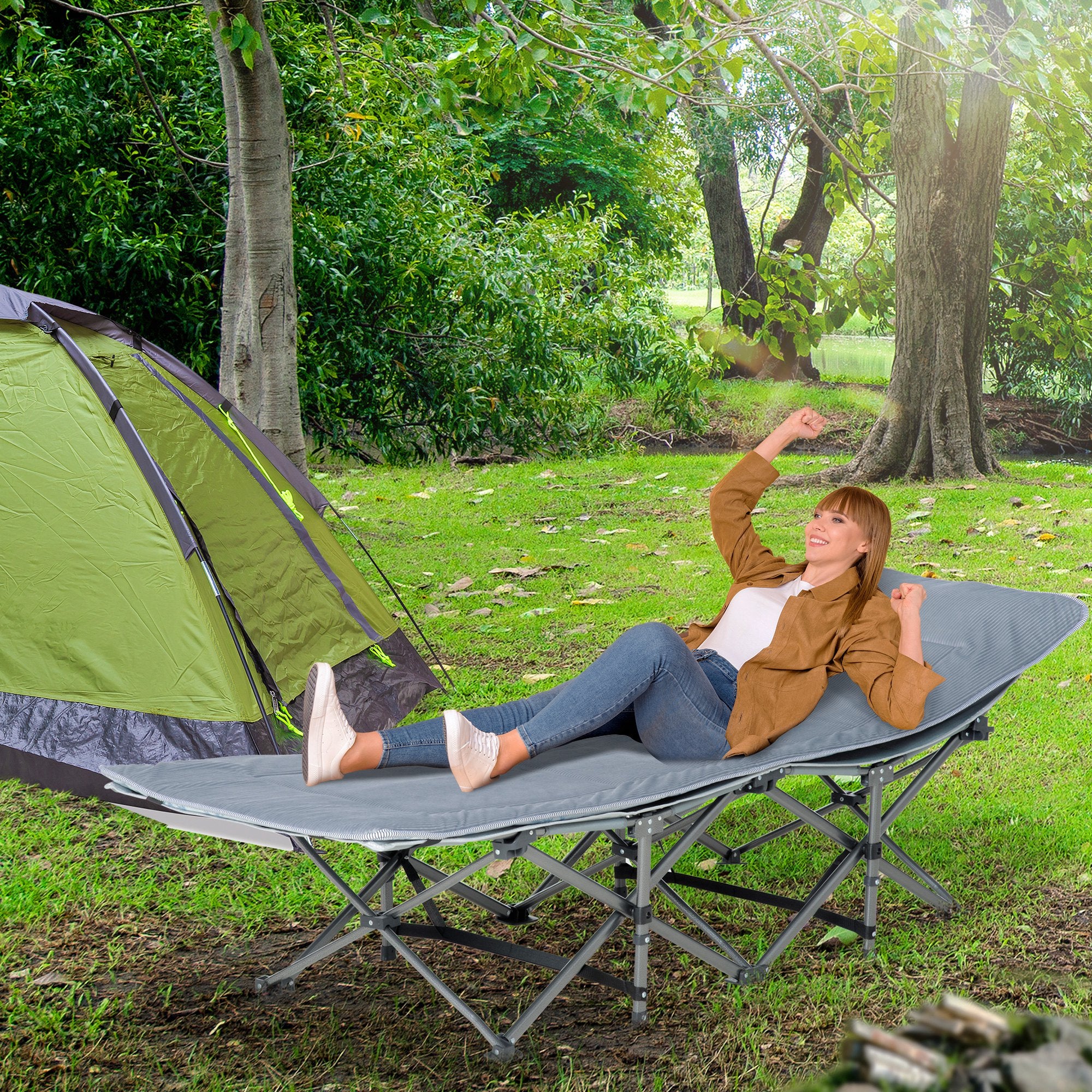 Folding Camping Cot with Mattress &; Pillow, Double Layer Oxford Heavy Duty Sleeping Cot with Carry Bag Dark Grey Camping Cots at Gallery Canada