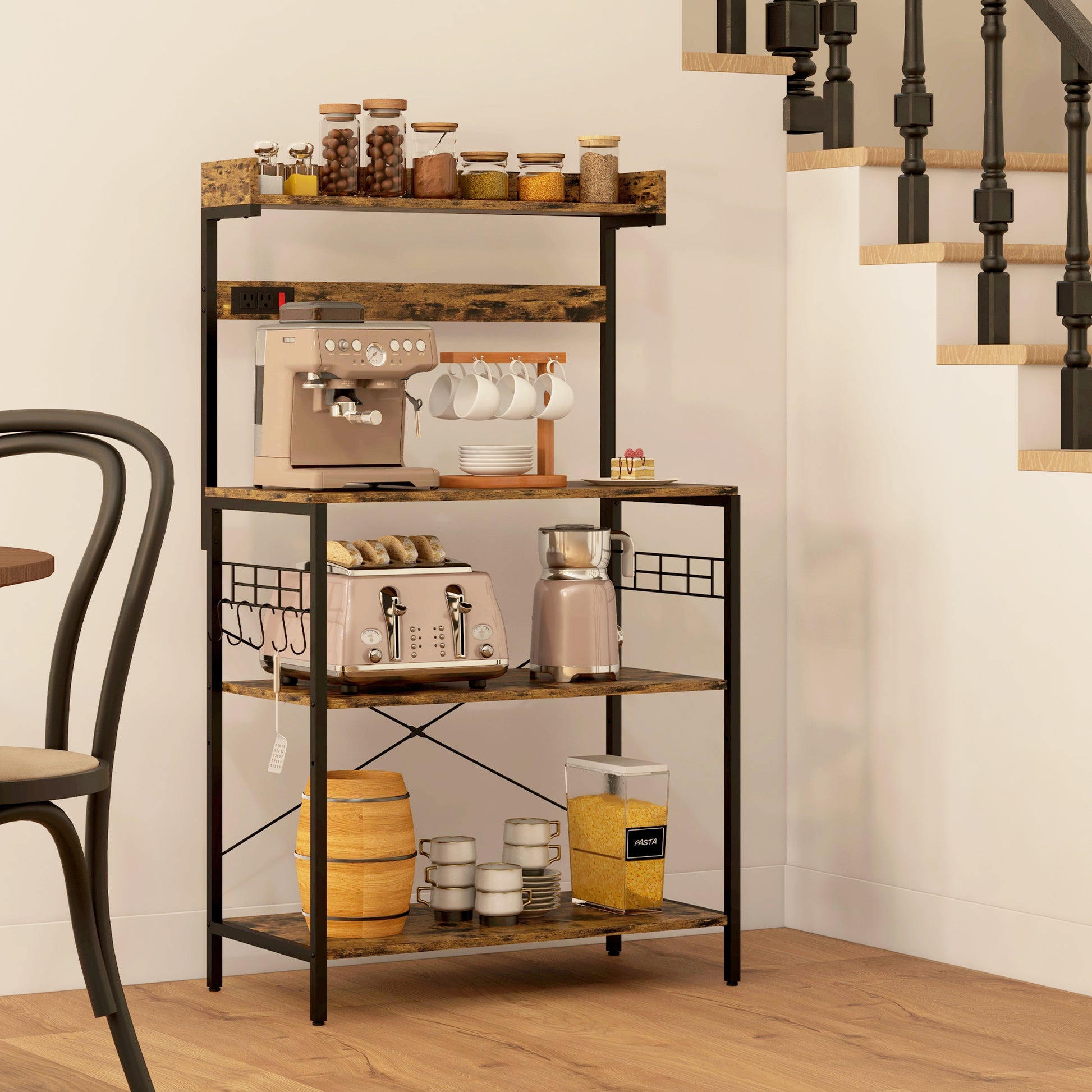 Kitchen Baker's Rack with Power Outlet, Coffee Bar Station with Adjustable Shelves and Hooks, Rustic Brown Bar Cabinets   at Gallery Canada