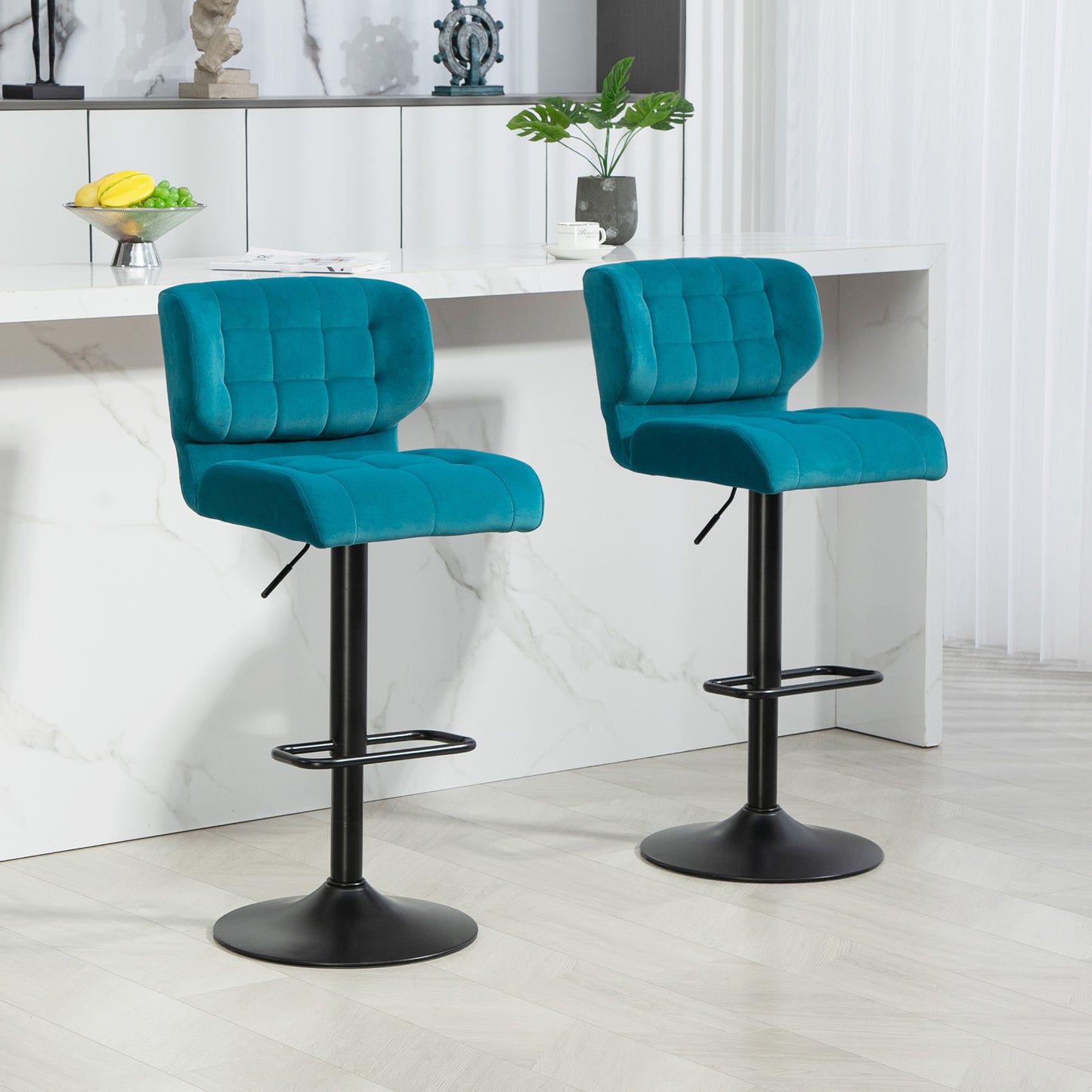 Swivel Tufted Velvet-feel Fabric Barstools Set of 2 Adjustable Bar Stools with Footrest for Counter Dining Room Blue Bar Stools   at Gallery Canada