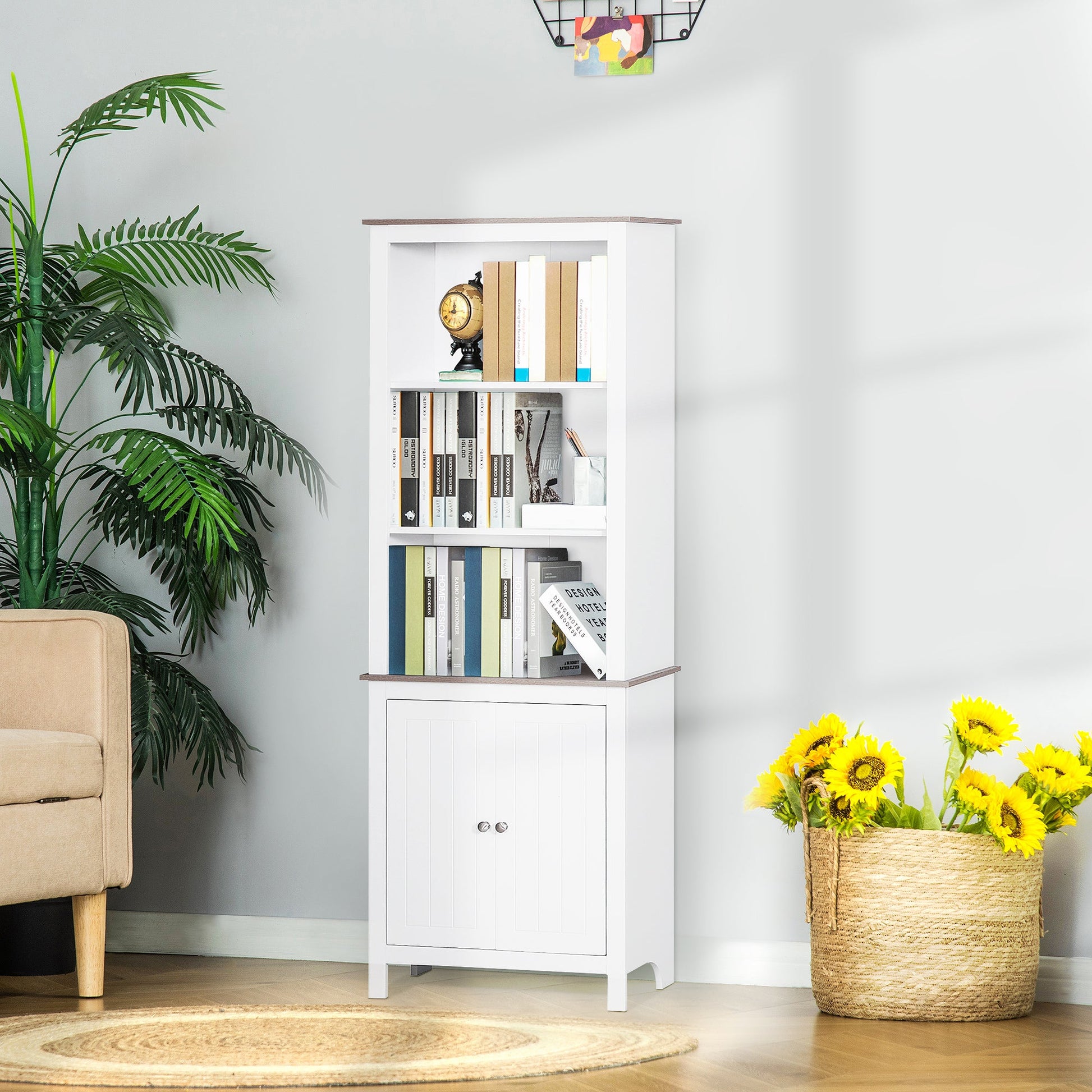 69"Tall Bathroom Storage Cabinet, Bathroom Floor Cabinet with 3 Open Shelves and Double Door Cupboard, White White Bookshelves   at Gallery Canada