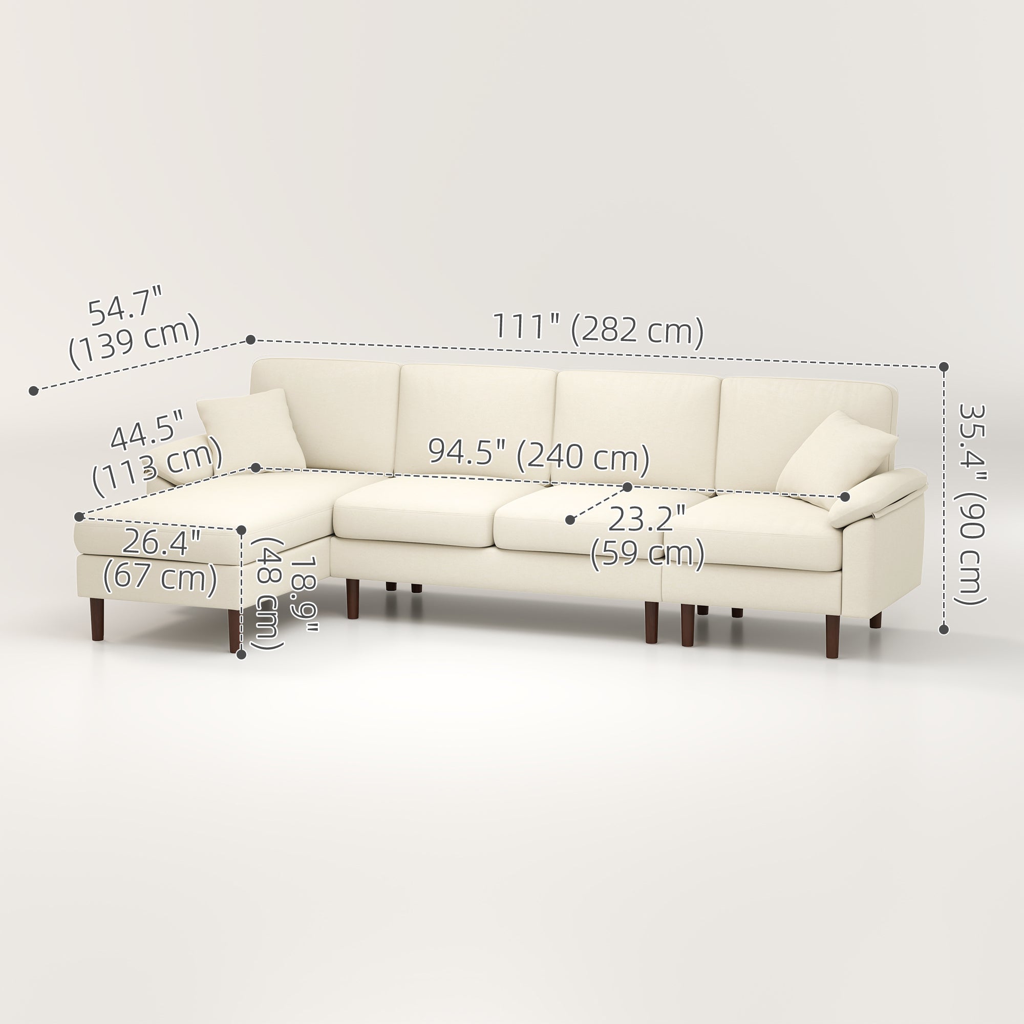 L-Shape Sofa, Modern Sectional Couch with Changeable Chaise Lounge, Pillows and Wooden Legs for Living Room, Cream White 3-Seater Sofas at Gallery Canada
