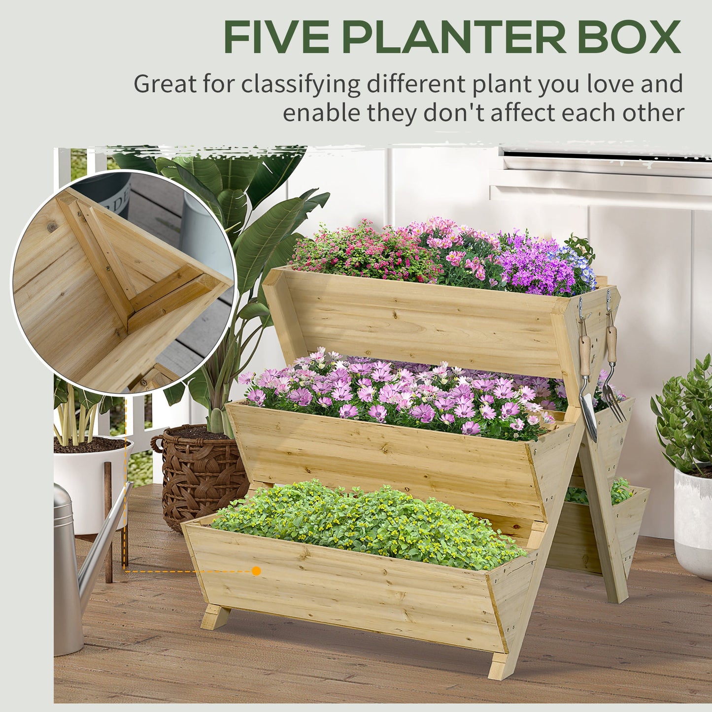 Raised Garden Bed Wood, Freestanding Planter Stand with 5 Planting Boxes and 4 Hooks, Good for Herbs, Flowers, or Vegetables in Patio Balcony Indoor Outdoor - Gallery Canada