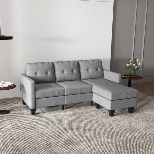 L-shaped Sofa, 3 Seater Couch with Ottoman, Corner Sofa with Thick Padded Cushion and Wood Legs, Light Grey