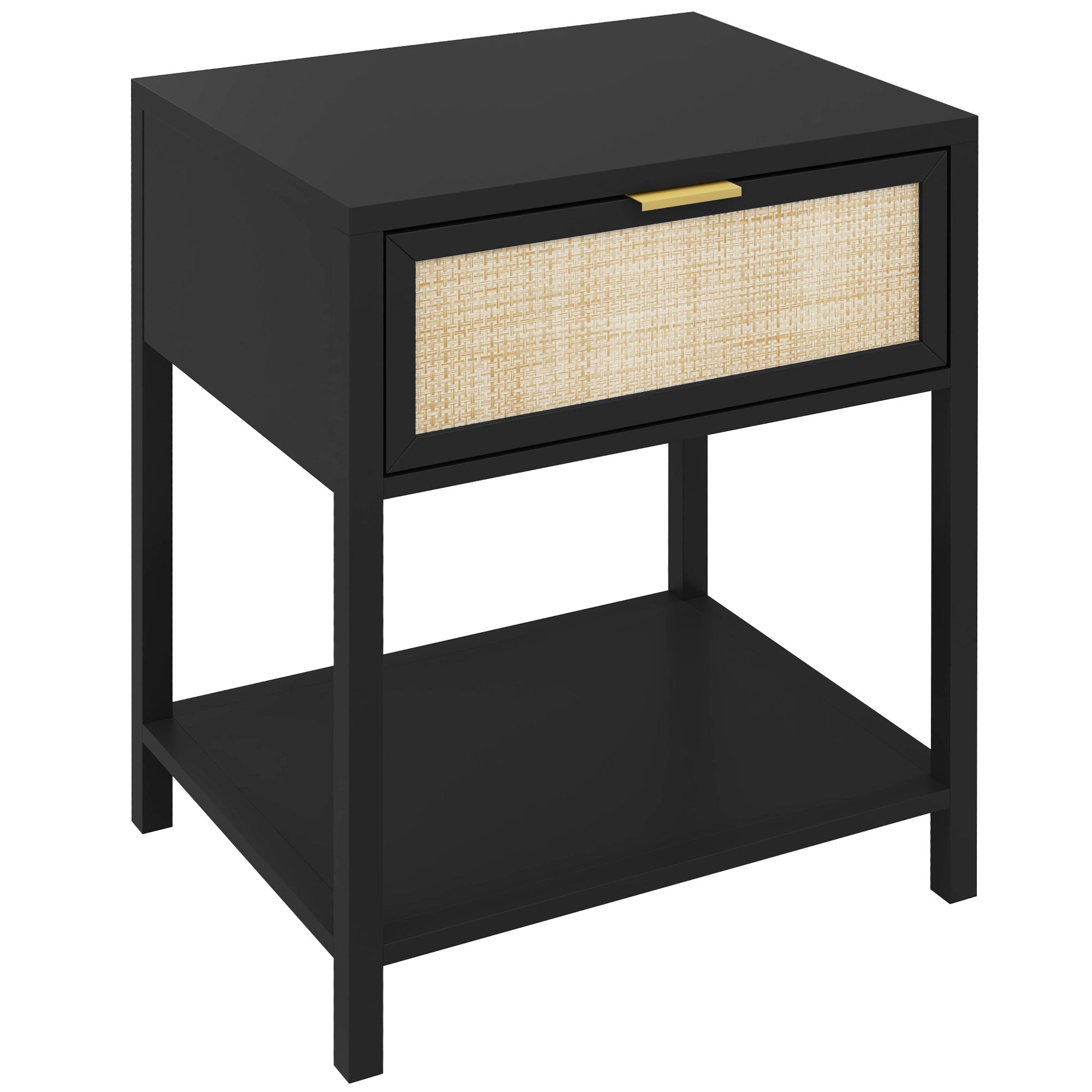Boho Nightstand, Bedside Table with Rattan Drawer and Open Shelf, Side End Table for Bedroom, Living Room, Black Bedside Tables at Gallery Canada