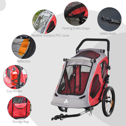 Dog Bike Trailer 2-In-1 Pet Stroller Cart Bicycle Wagon Cargo Carrier Attachment for Travel with 360 Swivel Wheel Reflectors Parking Brake Straps Cup Holder Red - Gallery Canada