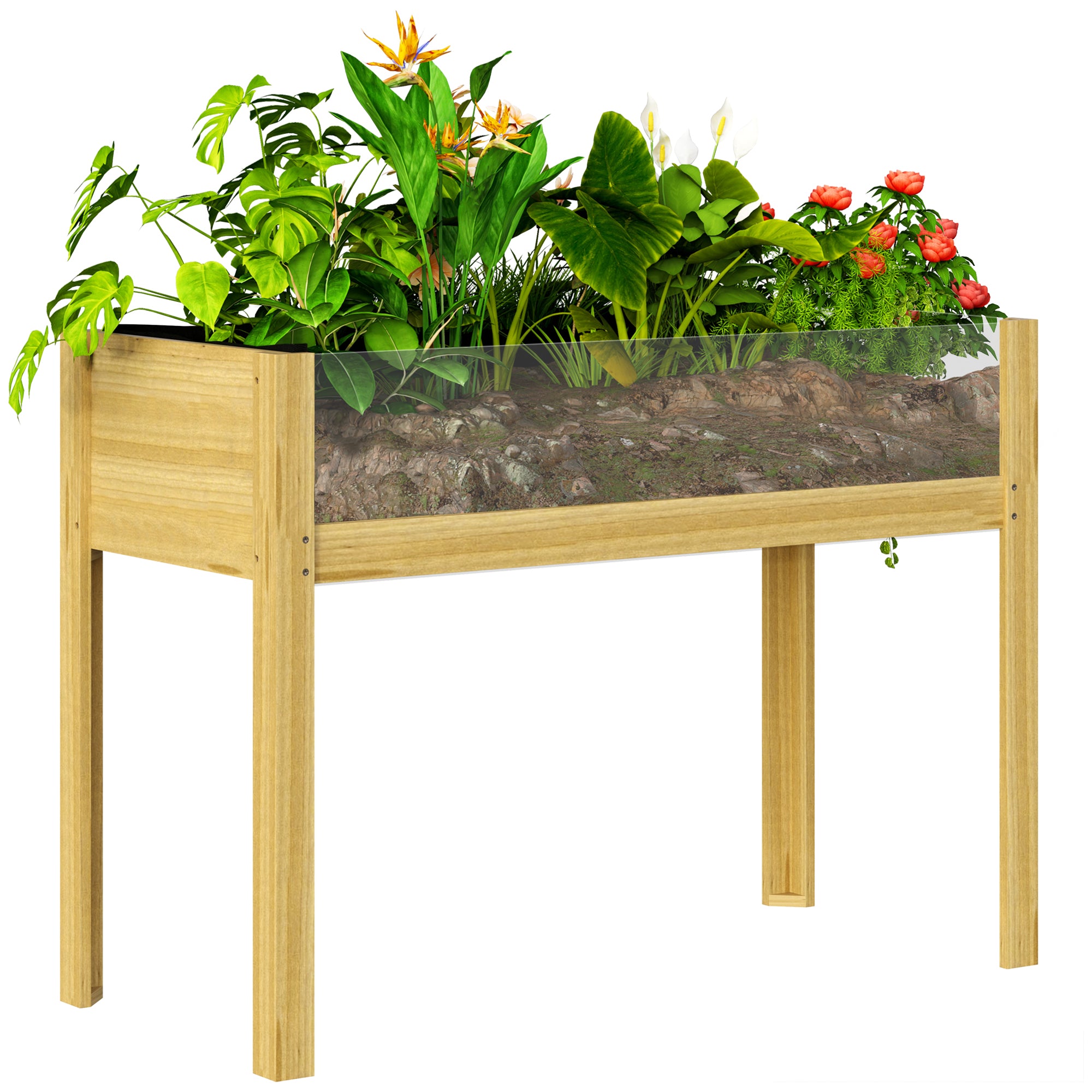 Wooden Raised Garden Bed with Acrylic Panels, Raised Planter Box with Drainage Holes, 43.3