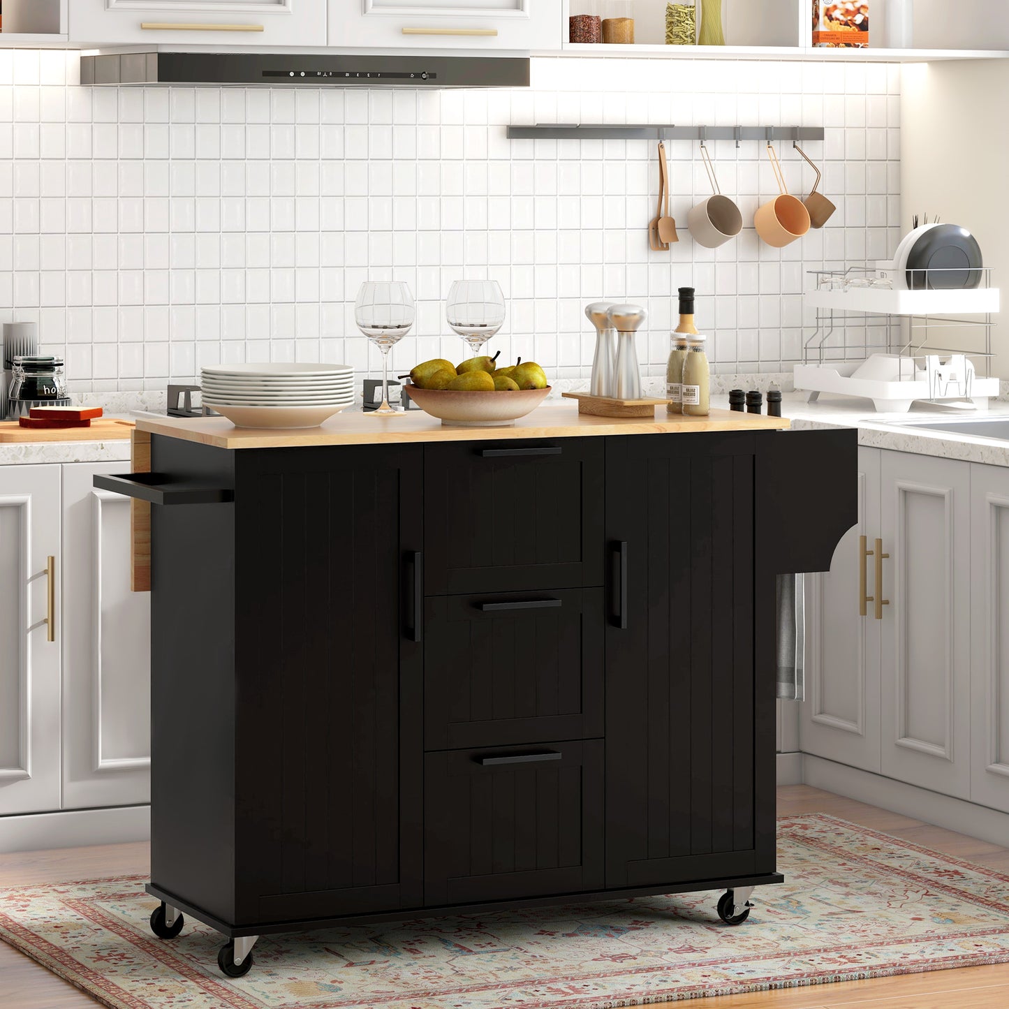 Rolling Kitchen Cart on Wheels with Drop Leaf, Kitchen Island with 3 Drawers, Solid Wood Top and Towel Rack, Black Kitchen Islands & Kitchen Carts Multi Colour  at Gallery Canada