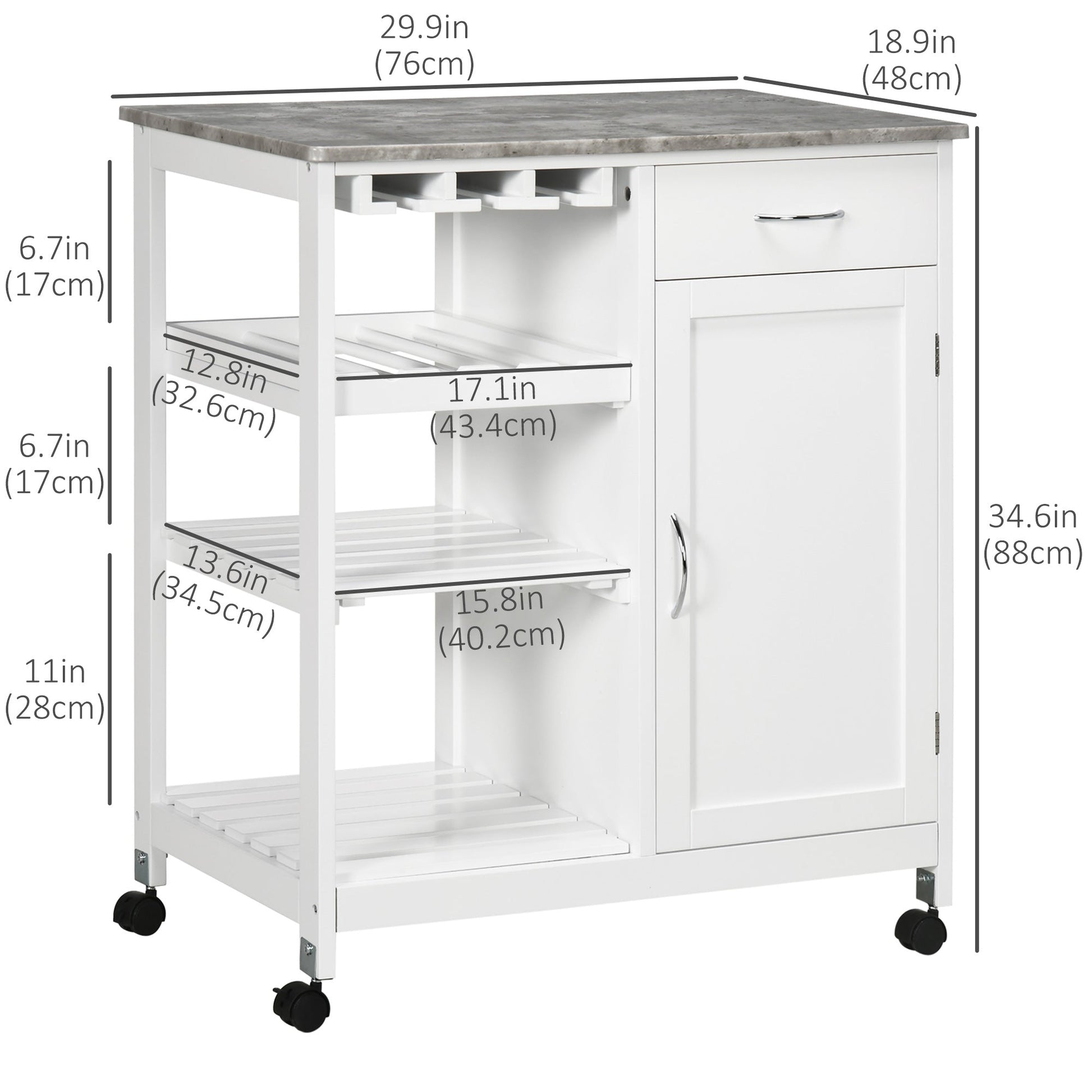 Rolling Kitchen Cart, Bar Cart on Wheels with Wine Rack, Drawer, Open Shelves, Cabinet and Faux Marble Top, Kitchen Island with Storage, White Kitchen Islands & Kitchen Carts   at Gallery Canada