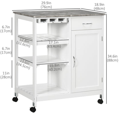 Rolling Kitchen Cart, Bar Cart on Wheels with Wine Rack, Drawer, Open Shelves, Cabinet and Faux Marble Top, Kitchen Island with Storage, White Kitchen Islands & Kitchen Carts   at Gallery Canada