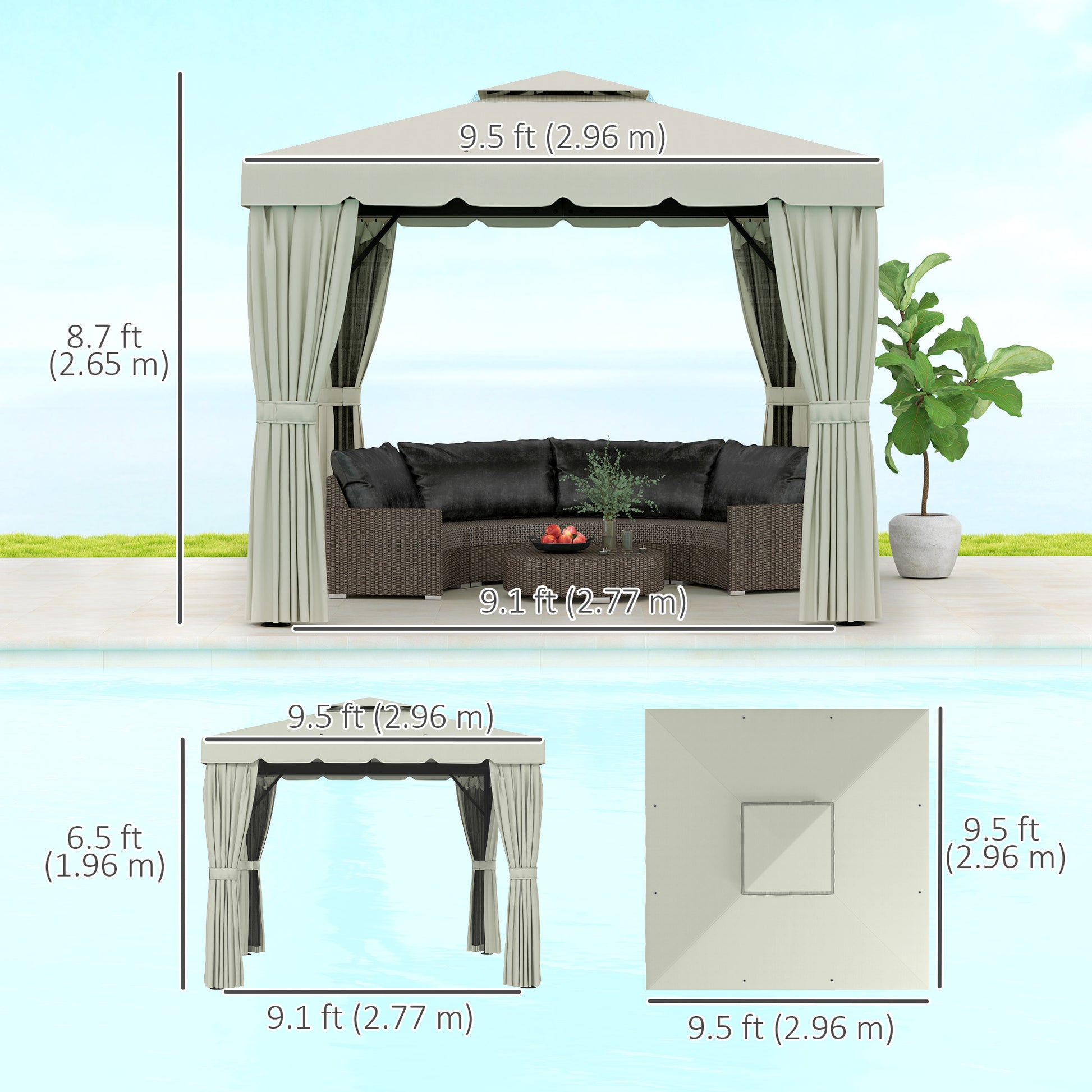 10' x 10' Outdoor Patio Gazebo Double Soft-top Garden Shelter Tent with Curtains, &; Mesh Screen Drapes, Cream White Gazebos at Gallery Canada