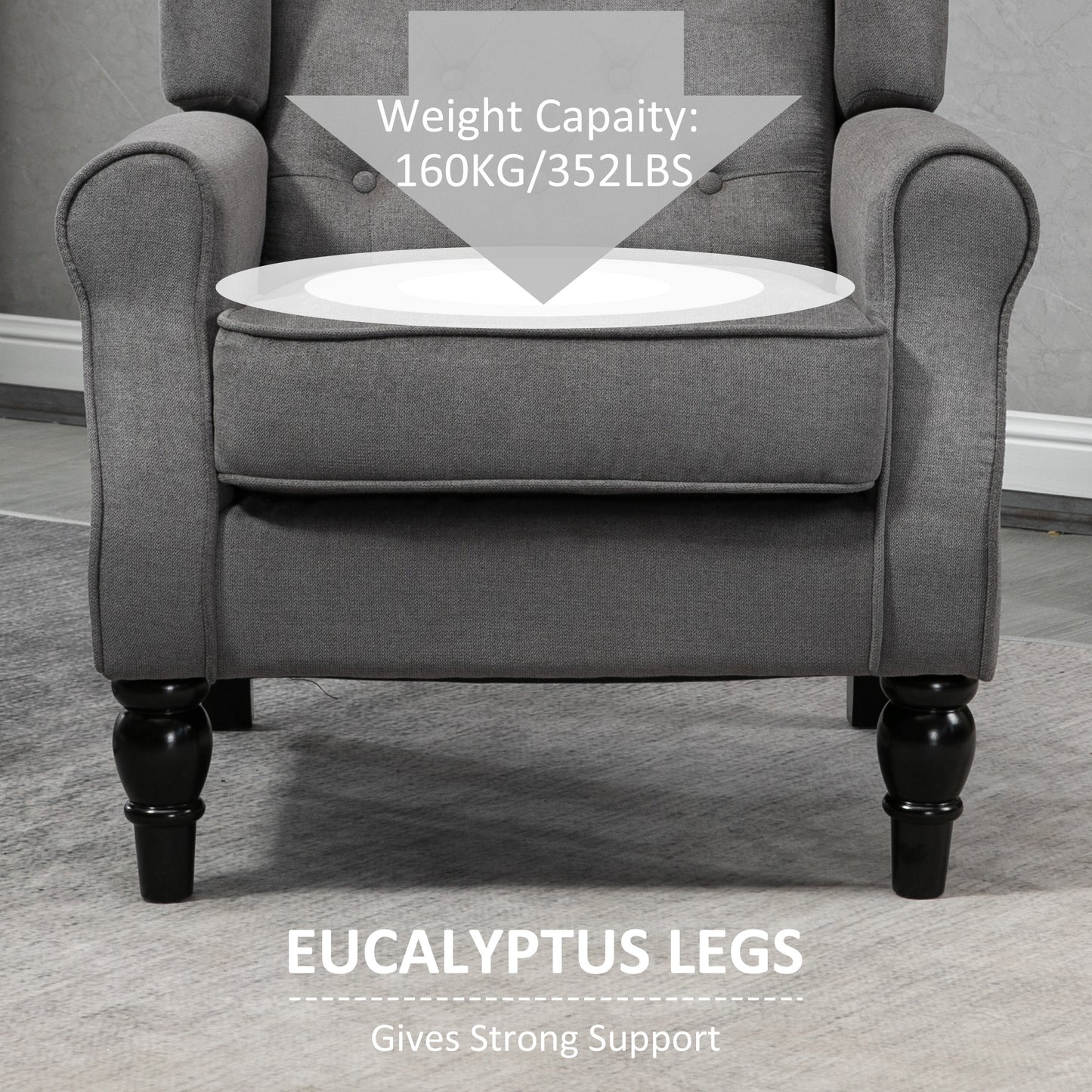 Fabric Accent Chair, Button Tufted Armchair, Armchair with Wood Legs, Thick Padding for Bedroom, Charcoal Grey Accent Chairs at Gallery Canada