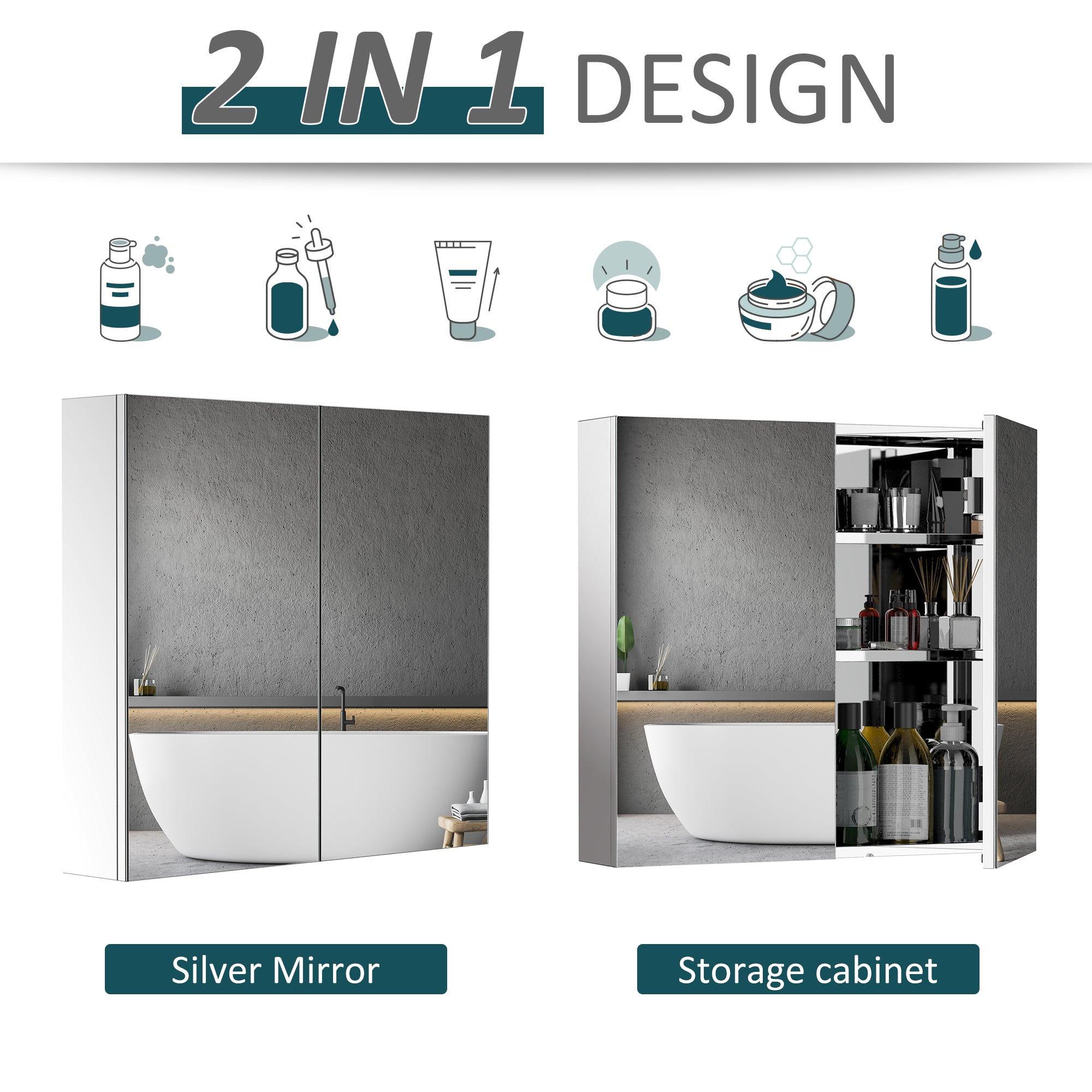 Wall Mounted Mirror Cabinet, Bathroom Medicine Cabinet with Mirror, 2 Doors and 3-tier Shelving, Silver Mirror Medicine Cabinets   at Gallery Canada