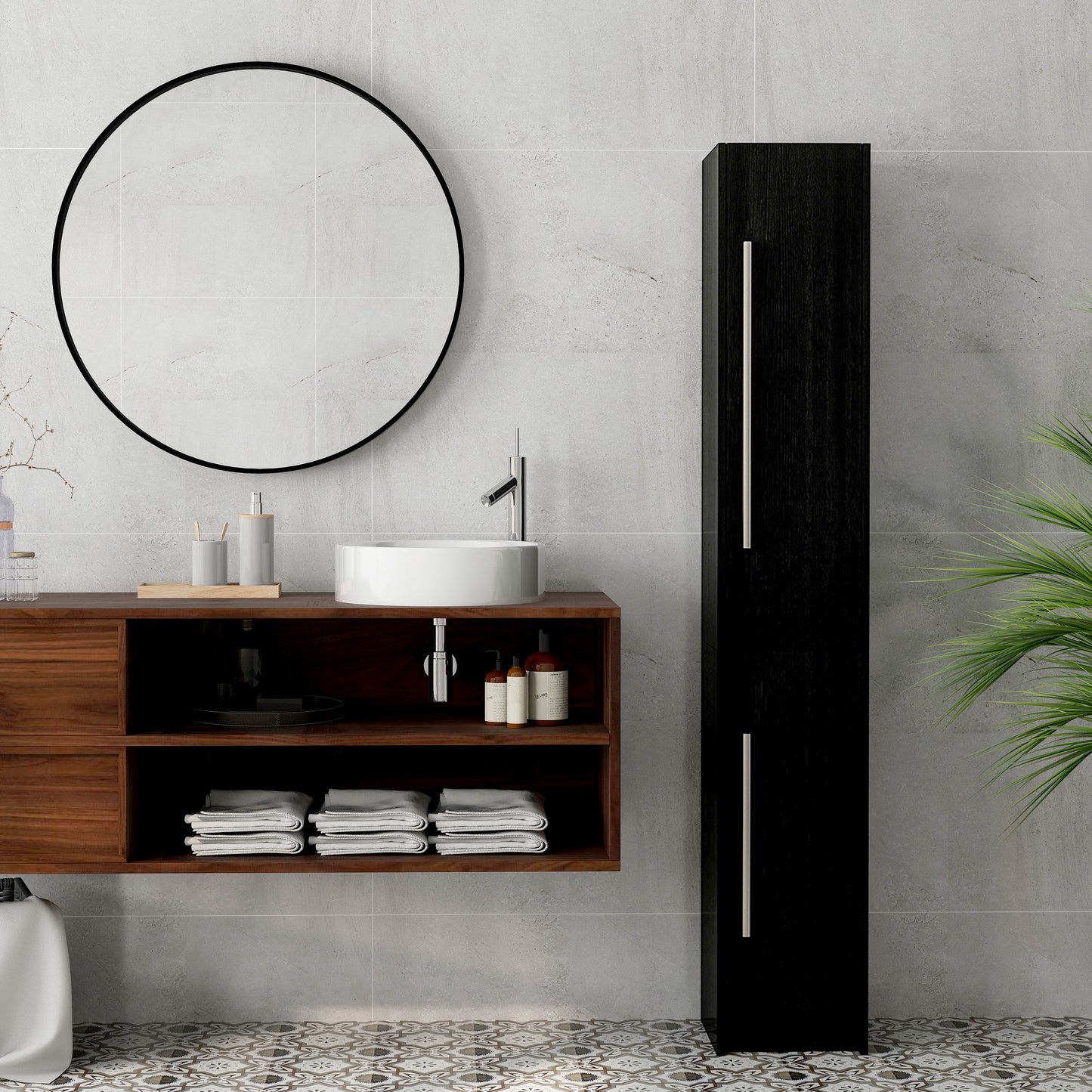 Freestanding Tall Bathroom Storage Cabinet with Adjustable Shelves, Bathroom Organizer, Black Wood Grain Bathroom Cabinets   at Gallery Canada