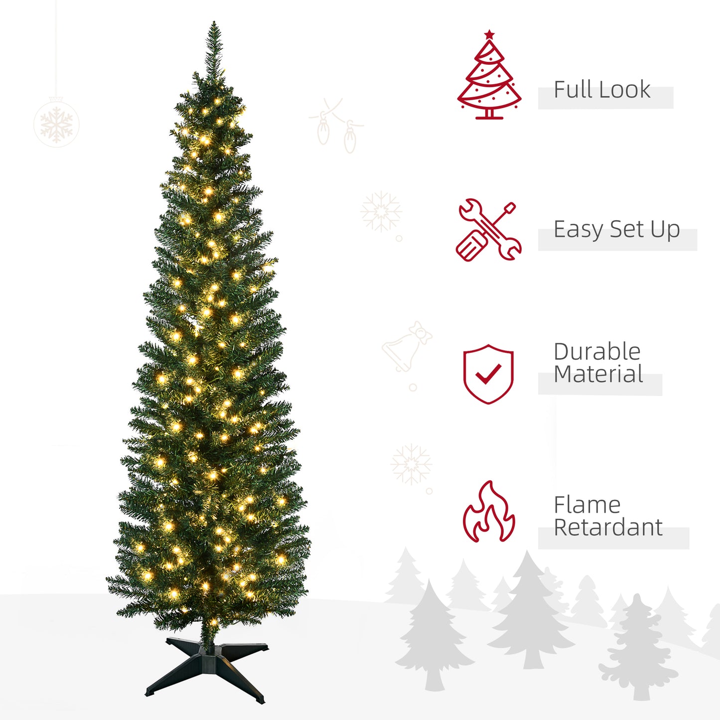 7' Pre Lit Artificial Pencil Christmas Trees, Xmas Tree with Realistic Branches and Warm White LED Lights, Green Pencil Christmas Trees   at Gallery Canada