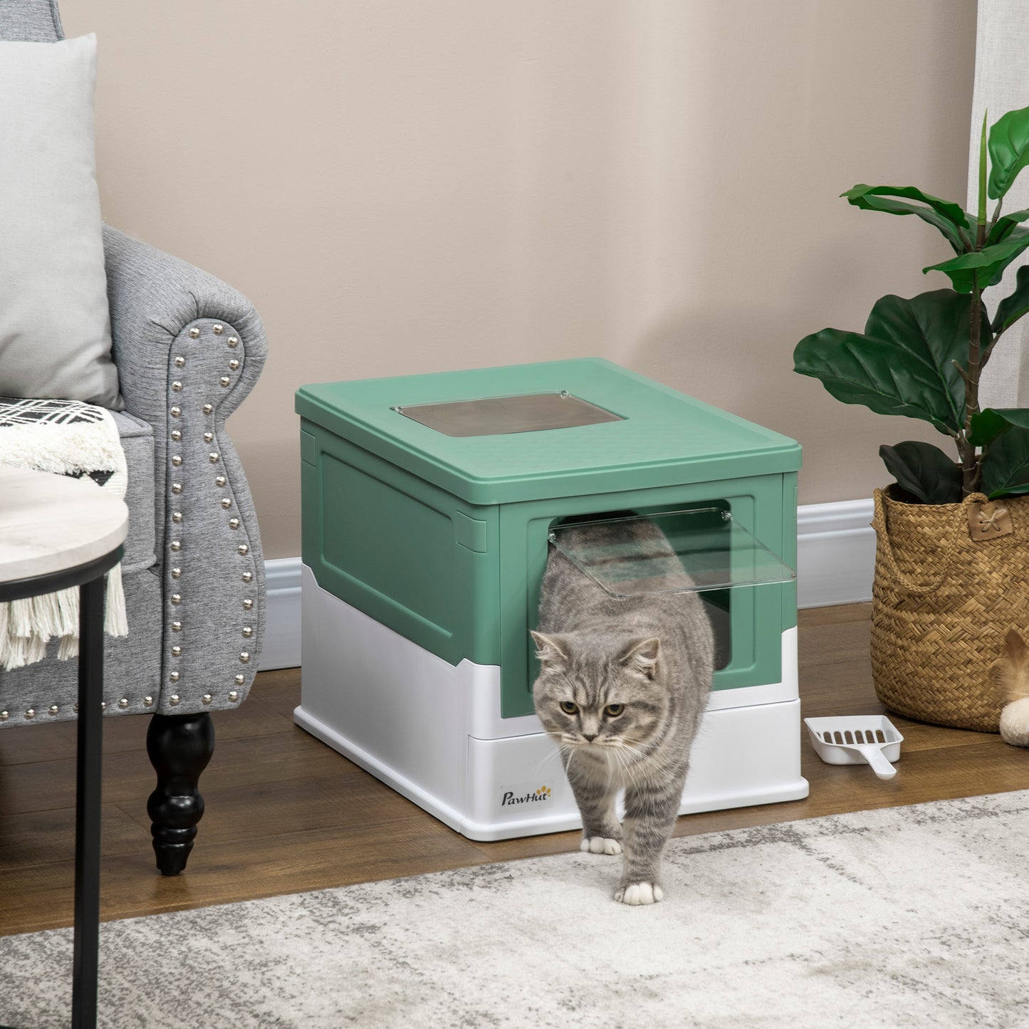 Top Entry Enclosed Kitty Litter Box with Scoop, Tray, Front Entry, Large Space, Foldable, Portable, Green Cat Litter Box Enclosures Green and White  at Gallery Canada