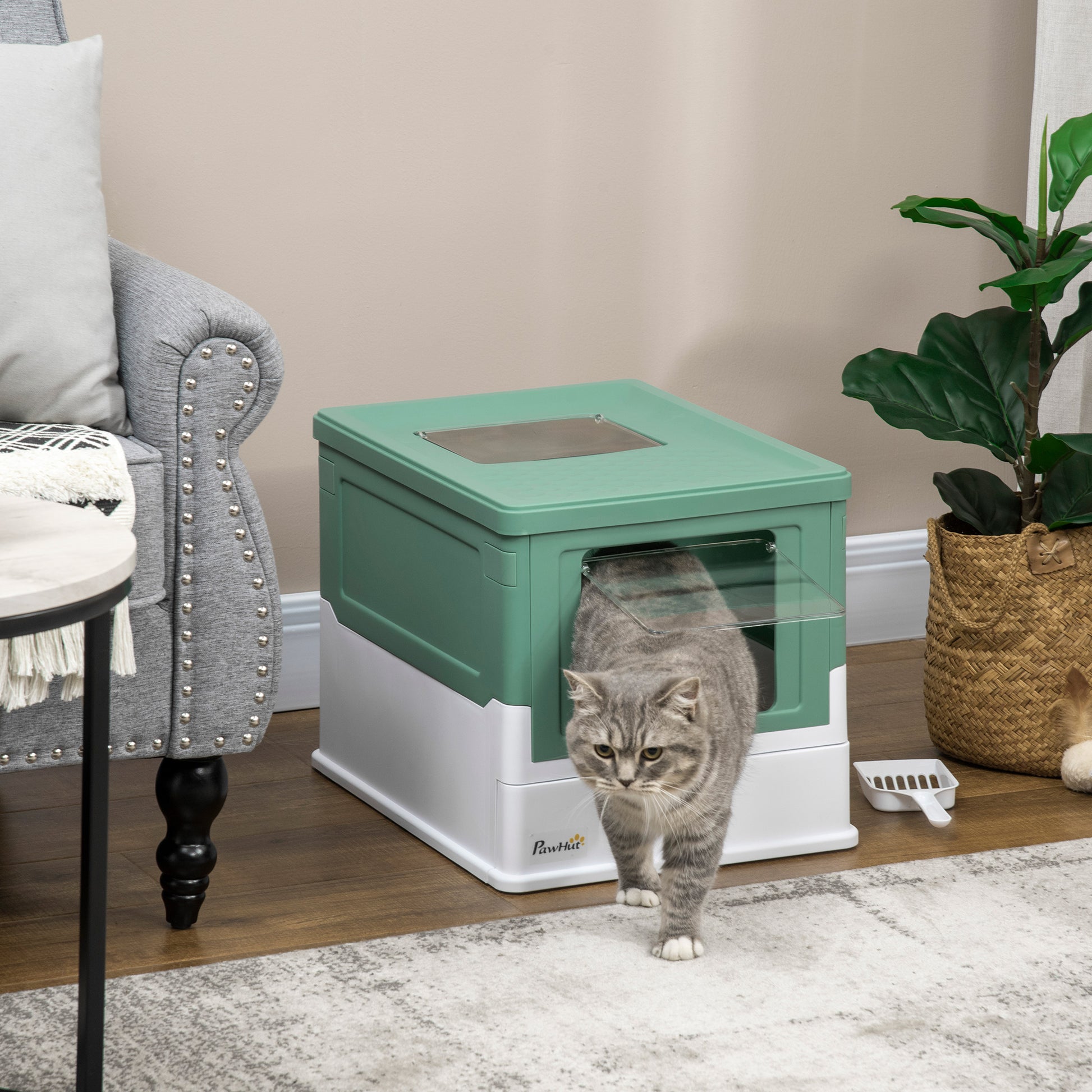 Top Entry Enclosed Kitty Litter Box with Scoop, Tray, Front Entry, Large Space, Foldable, Portable, Green Cat Litter Box Enclosures Green and White  at Gallery Canada