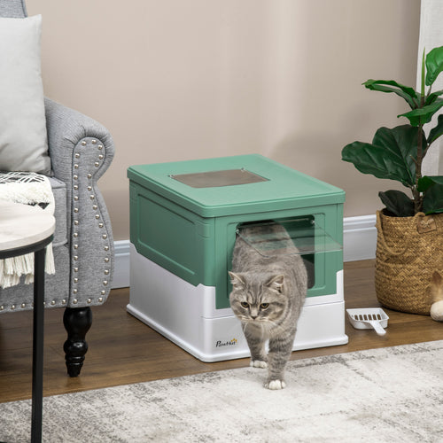 Top Entry Enclosed Kitty Litter Box with Scoop, Tray, Front Entry, Large Space, Foldable, Portable, Green