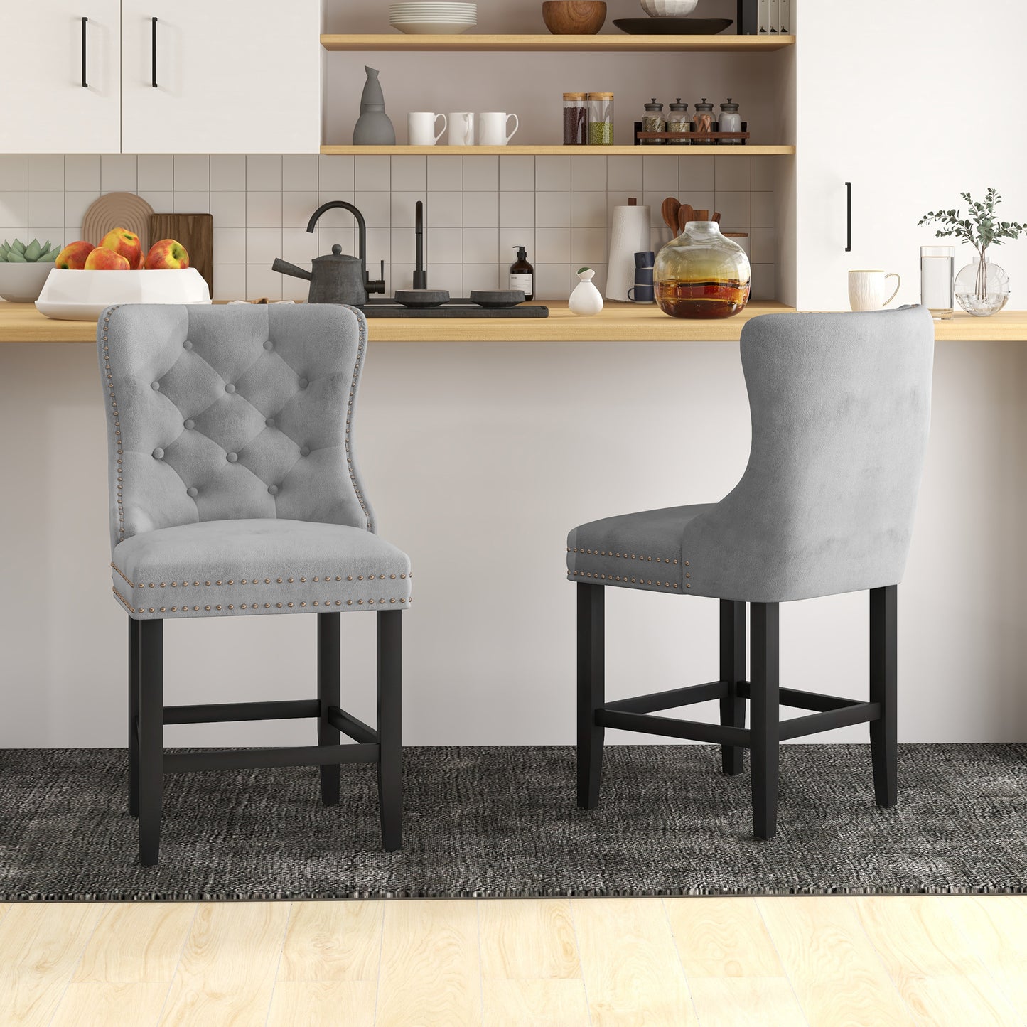 Upholstered Fabric Bar Stool Set of 2, Button Tufted 25.6" Seat Height Counter Chairs with Back &; Wood Legs, Grey Bar Stools   at Gallery Canada