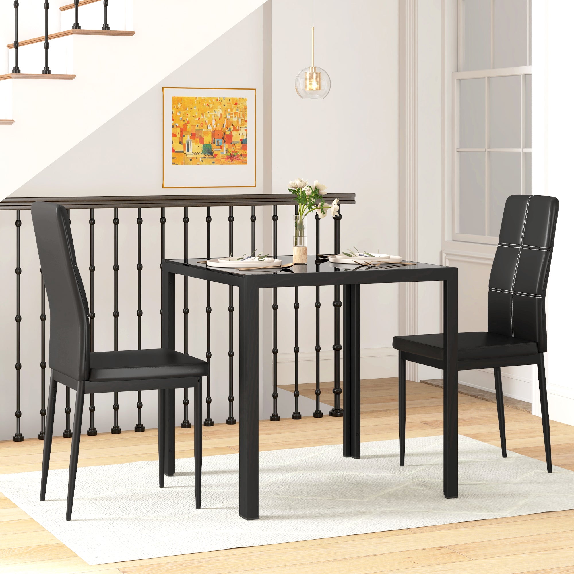 3-Piece Rectangular Glass Kitchen Table and Chairs with Metal Frame and Faux Leather Upholstery for Dining Room, Black Bar Sets Black  at Gallery Canada