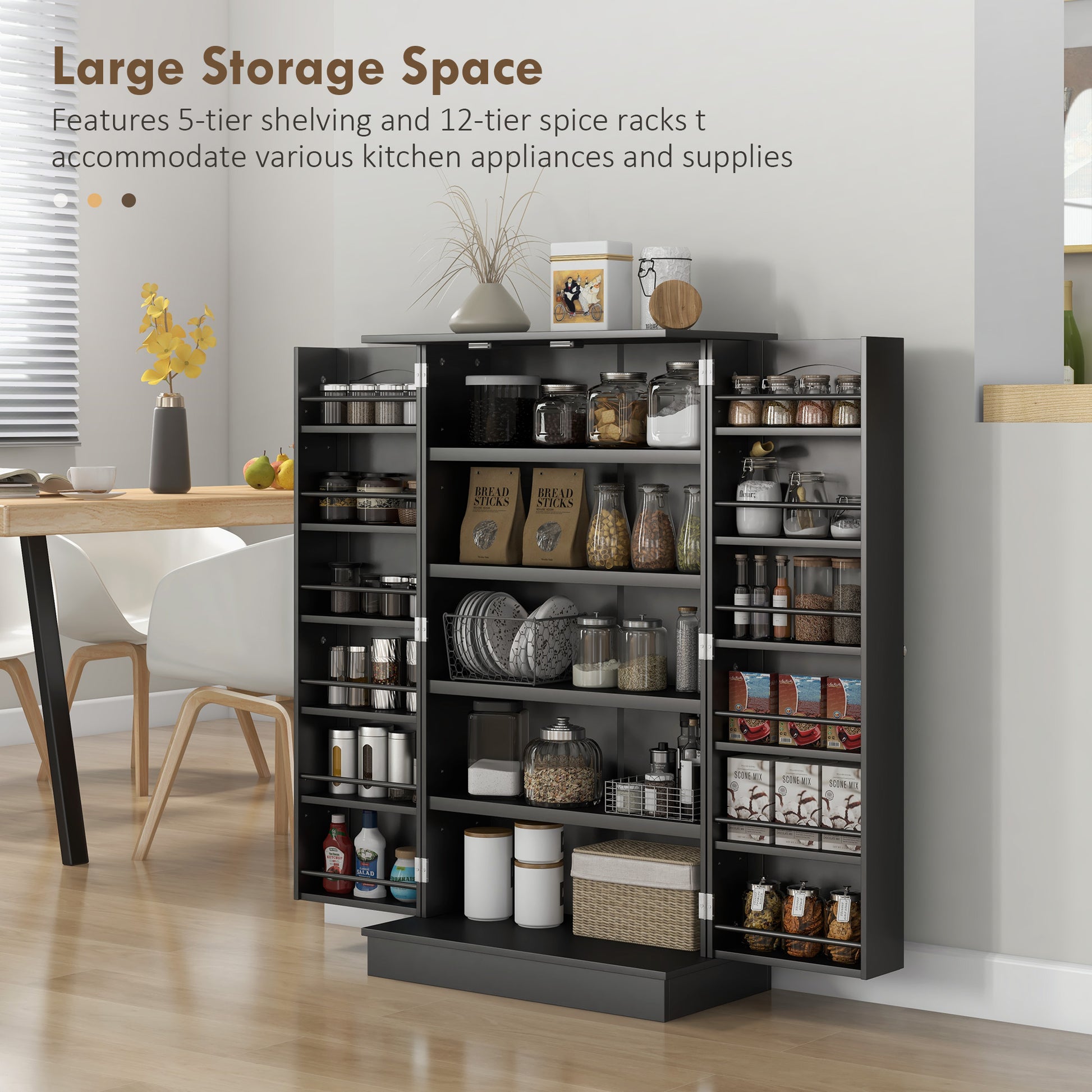 41" Storage Cabinet, 2-Door Kitchen Pantry Cabinet with 5-tier Shelving, 12 Spice Racks and Adjustable Shelves, Black Kitchen Pantry Cabinets   at Gallery Canada