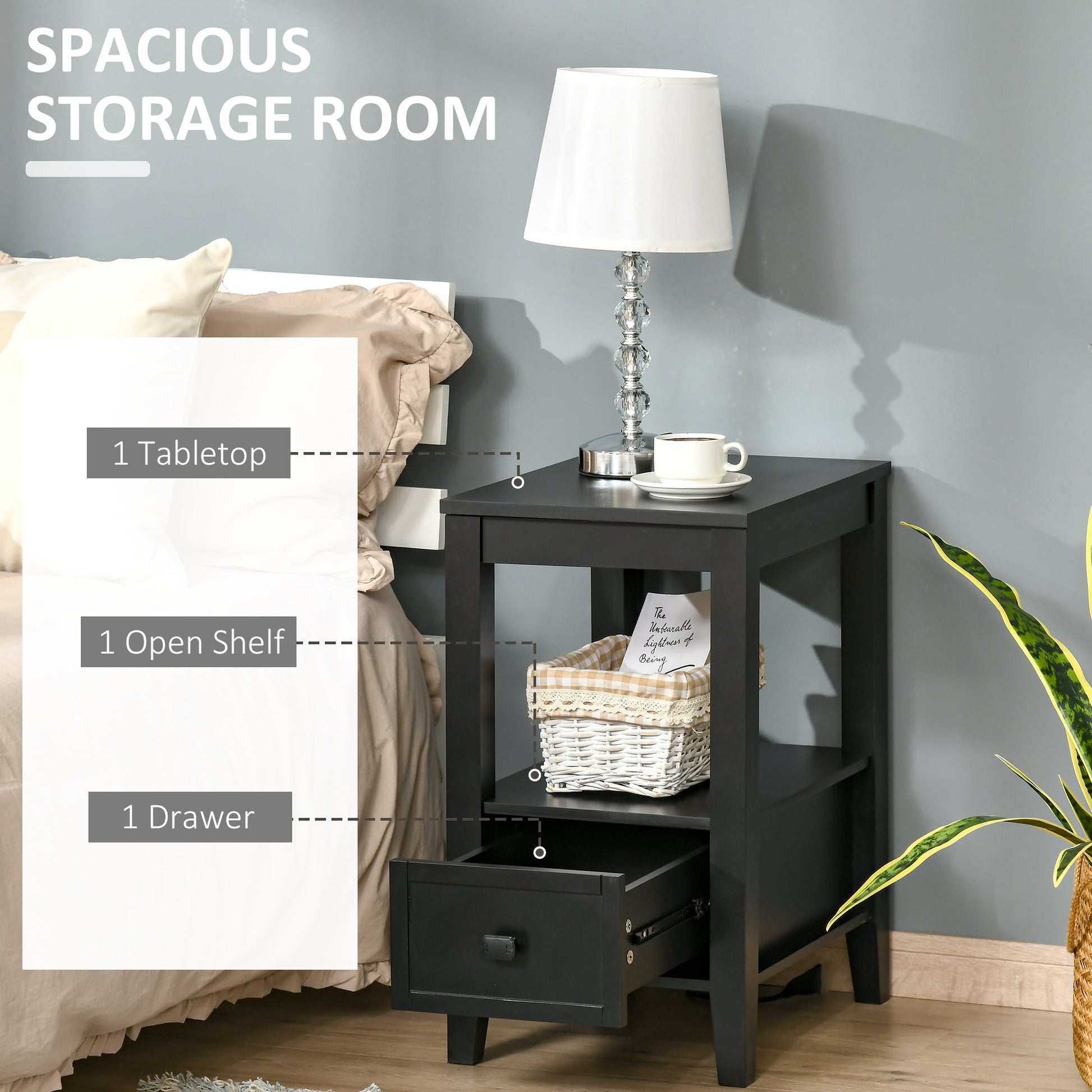 Side Table, Modern Coffee End Table with Drawer and Shelf, Nightstand for Bedroom, Living Room, Black Side Tables   at Gallery Canada