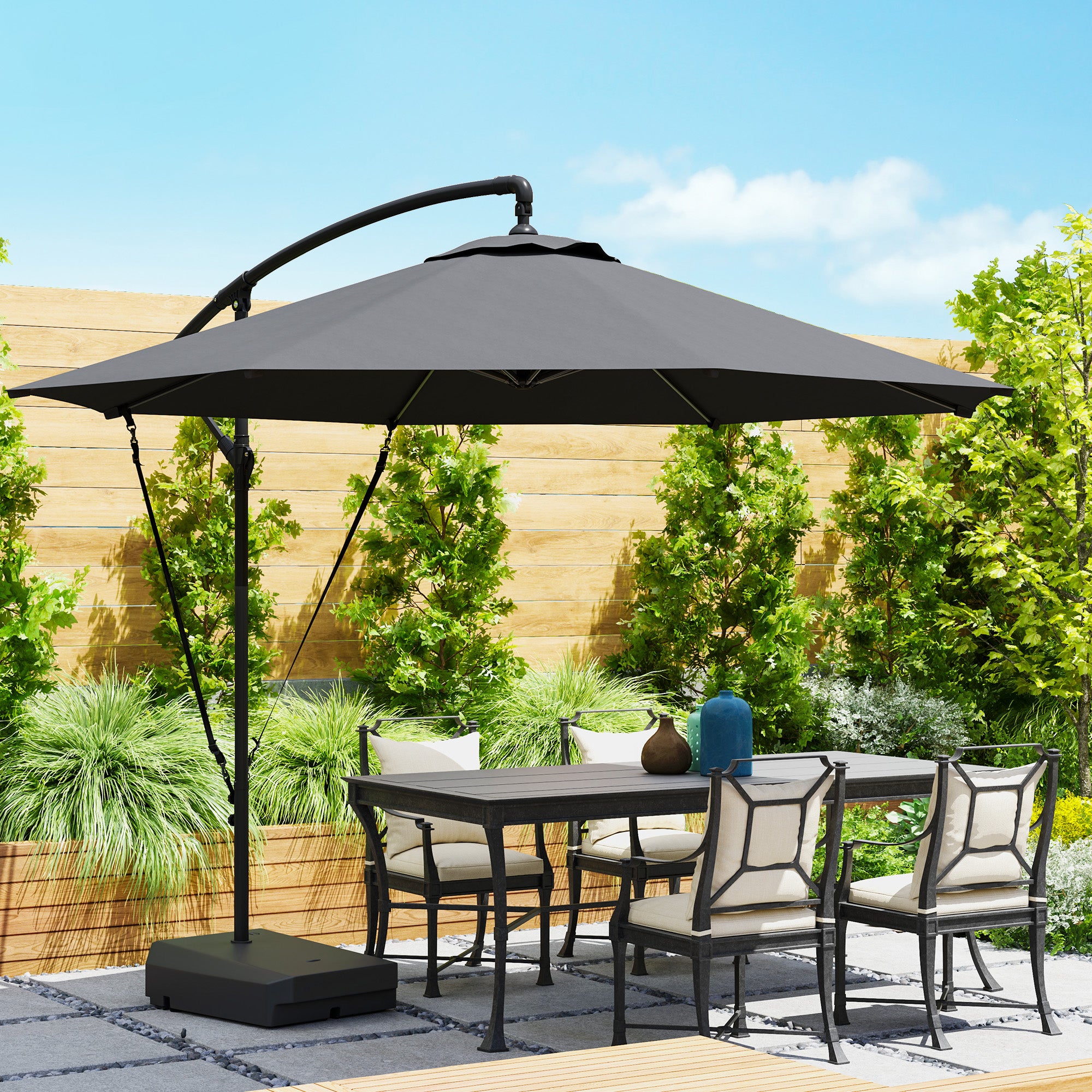 10FT Cantilever Umbrella with Fillable Base, Wind Strap and Cover, Offset Hanging Umbrella with Crank, UPF50+, Grey Offset Cantilever Umbrellas Dark Grey at Gallery Canada