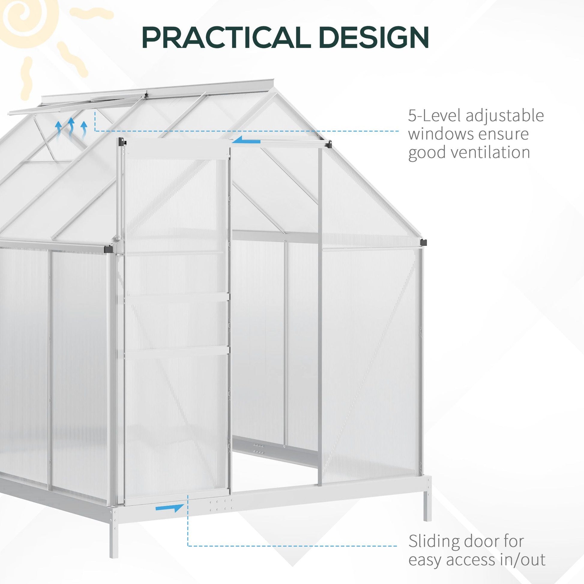 6' x 8' x 6.5' Walk-in Greenhouse, Polycarbonate Greenhouse with Adjustable Roof Vent, Base, Sliding Door, Clear Walk In Greenhouses   at Gallery Canada