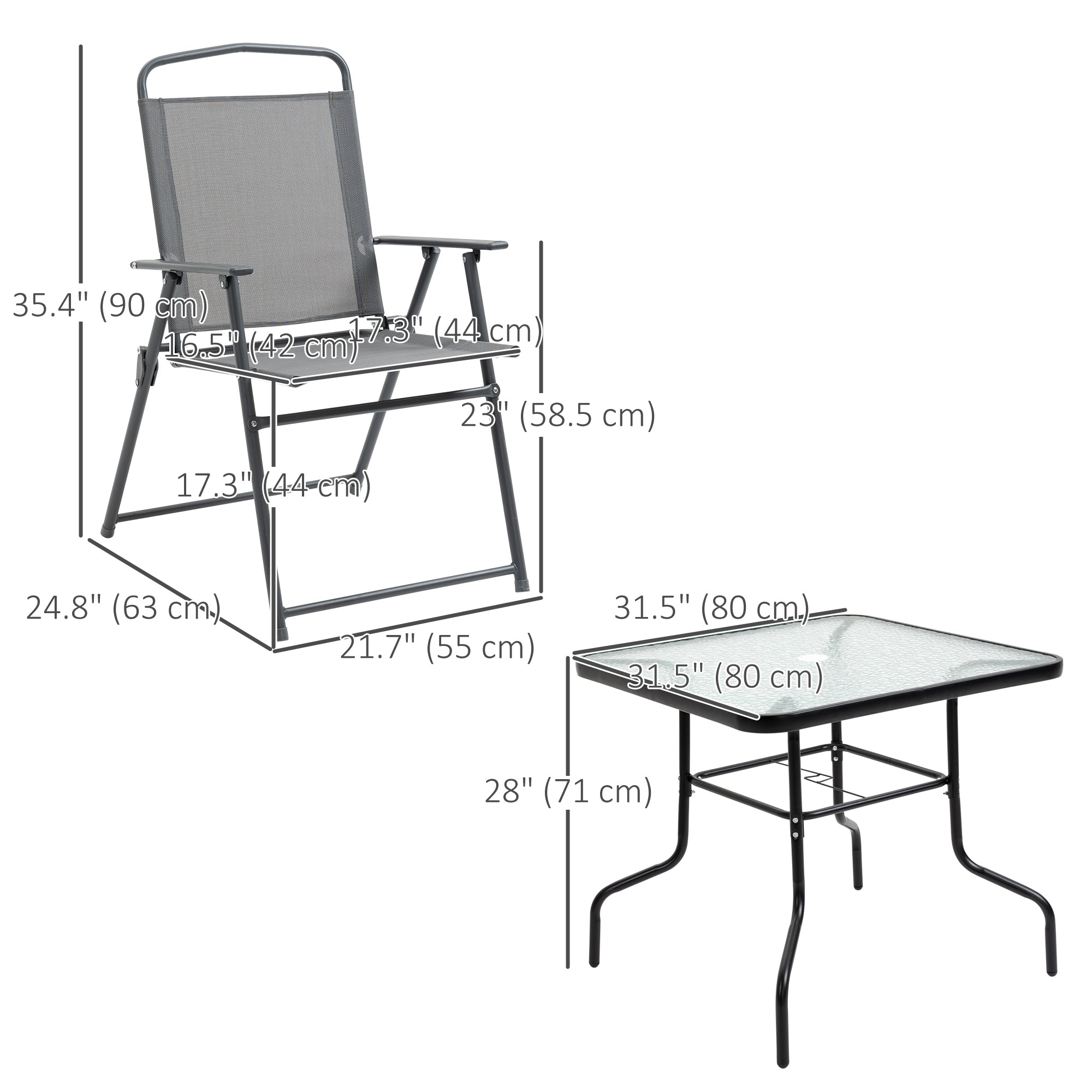 5 Pieces Patio Table and Chairs, Outdoor Dining Set with 4 Folding Chairs, Glass Tabletop and Parasol Hole, Grey Outdoor Dining Sets at Gallery Canada