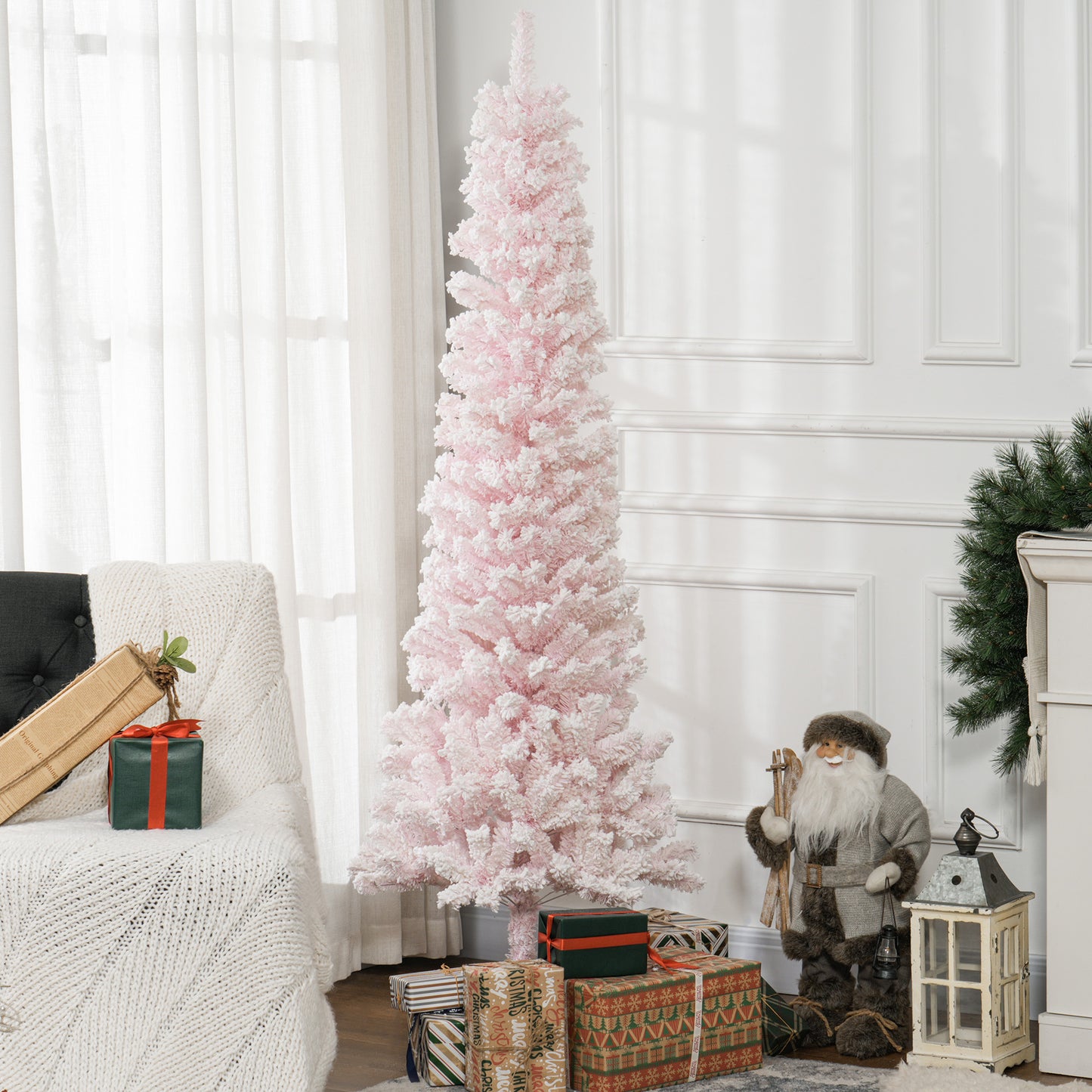 6ft Flocked Christmas Tree, Pencil Christmas Tree with Realistic Branch Tips, Folding Metal Stand, Pink Pencil Christmas Trees Pink  at Gallery Canada