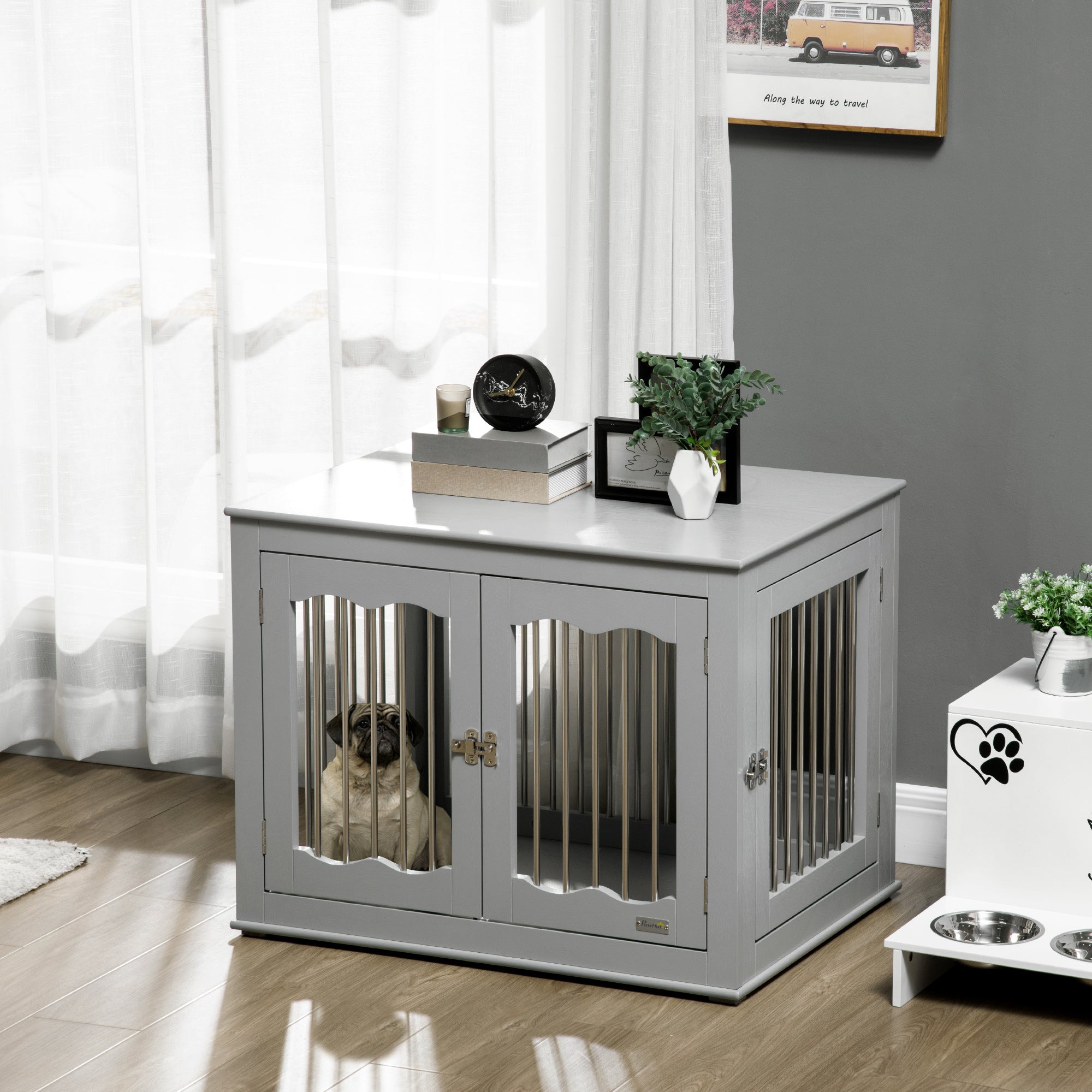 Dog Crate Furniture, Dog Kennel with Three Doors, Locks and Latches, Indoor Use, for Medium Dogs, Grey Houses, Kennels & Pens   at Gallery Canada