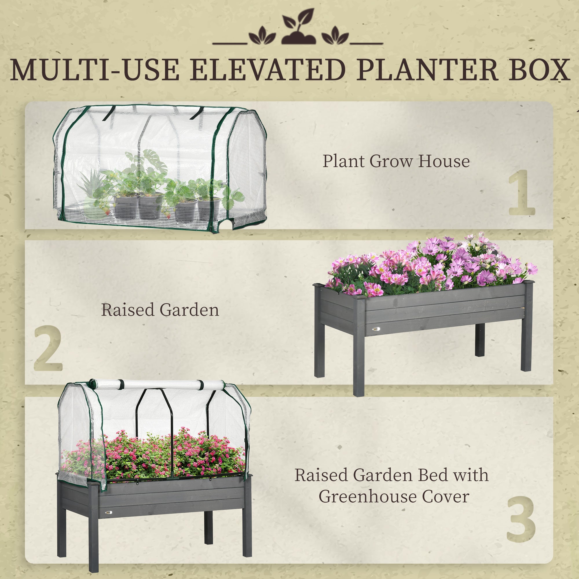 Raised Garden Bed with PE Greenhouse Cover Outdoor Elevated Wood Planter Box for Herbs and Vegetables Dark Gray Elevated Garden Beds   at Gallery Canada