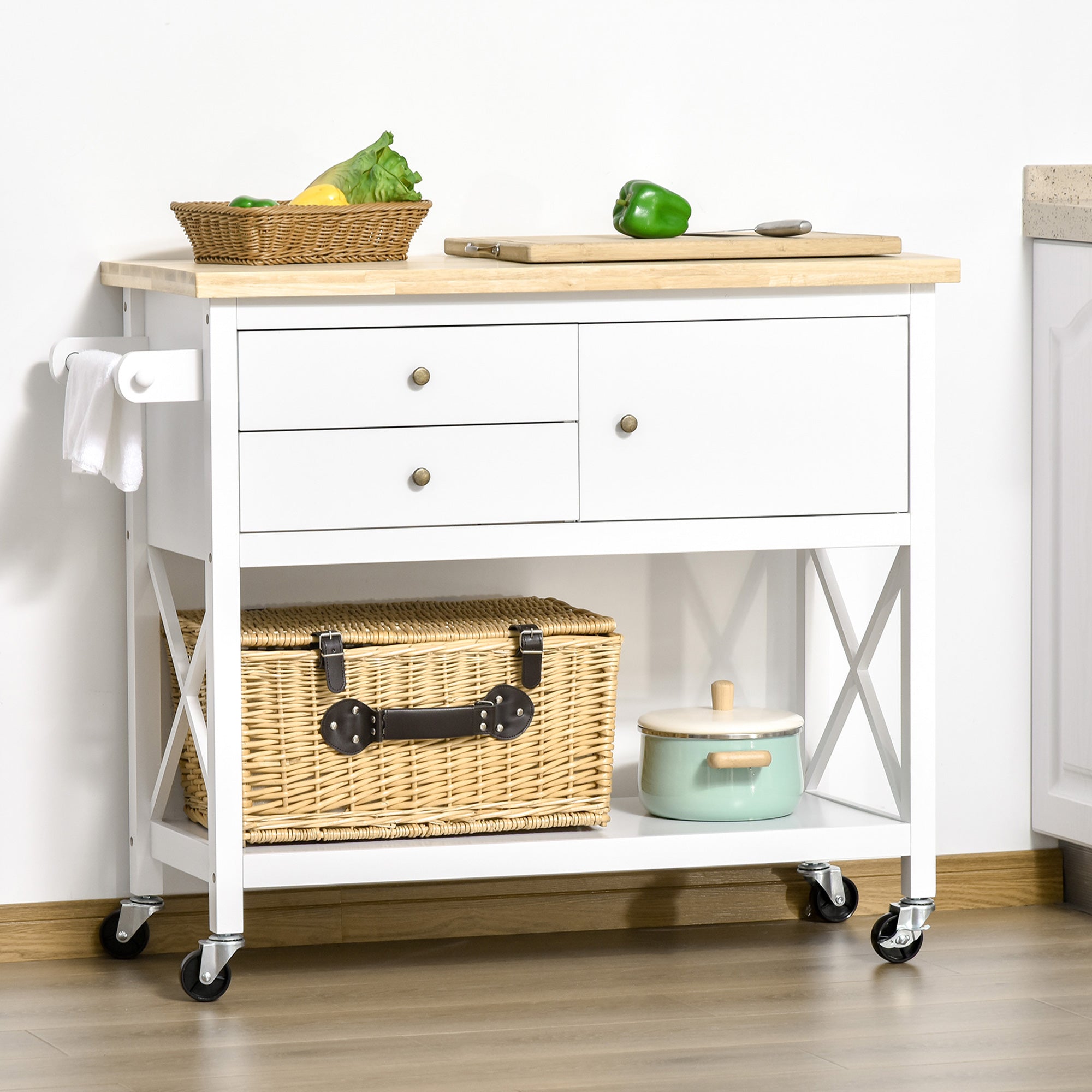 Utility Kitchen Cart Rolling Kitchen Island Storage Trolley with Rubberwood Top, 2 Drawers, Towel Rack, White Kitchen Islands & Kitchen Carts   at Gallery Canada