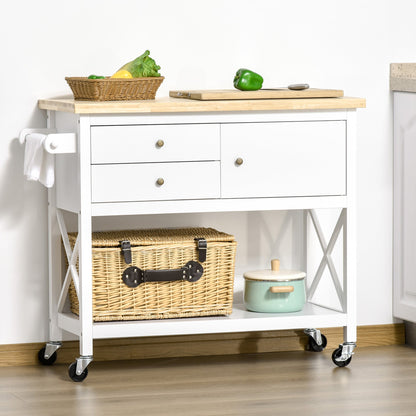 Utility Kitchen Cart Rolling Kitchen Island Storage Trolley with Rubberwood Top, 2 Drawers, Towel Rack, White Kitchen Islands & Kitchen Carts   at Gallery Canada