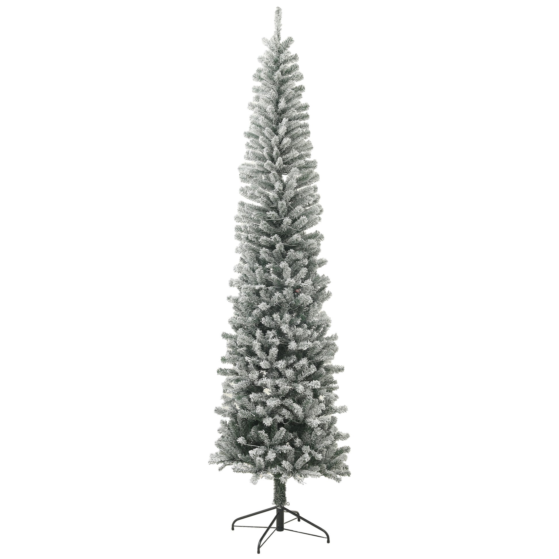 9ft Prelit Pencil Artificial Christmas Tree, Flocked Xmas Tree with Dual Colour LED Lights, 895 Tips and Metal Stand Pre Lit Christmas Trees   at Gallery Canada