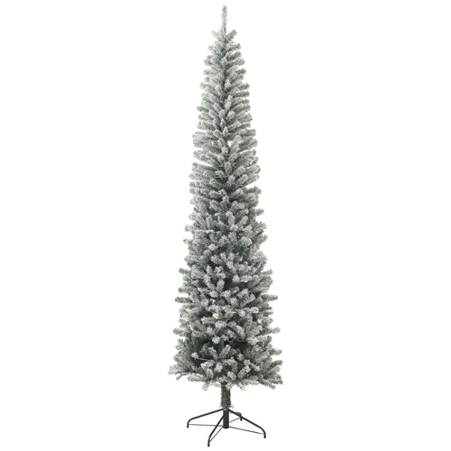 9ft Prelit Pencil Artificial Christmas Tree, Flocked Xmas Tree with Dual Colour LED Lights, 895 Tips and Metal Stand