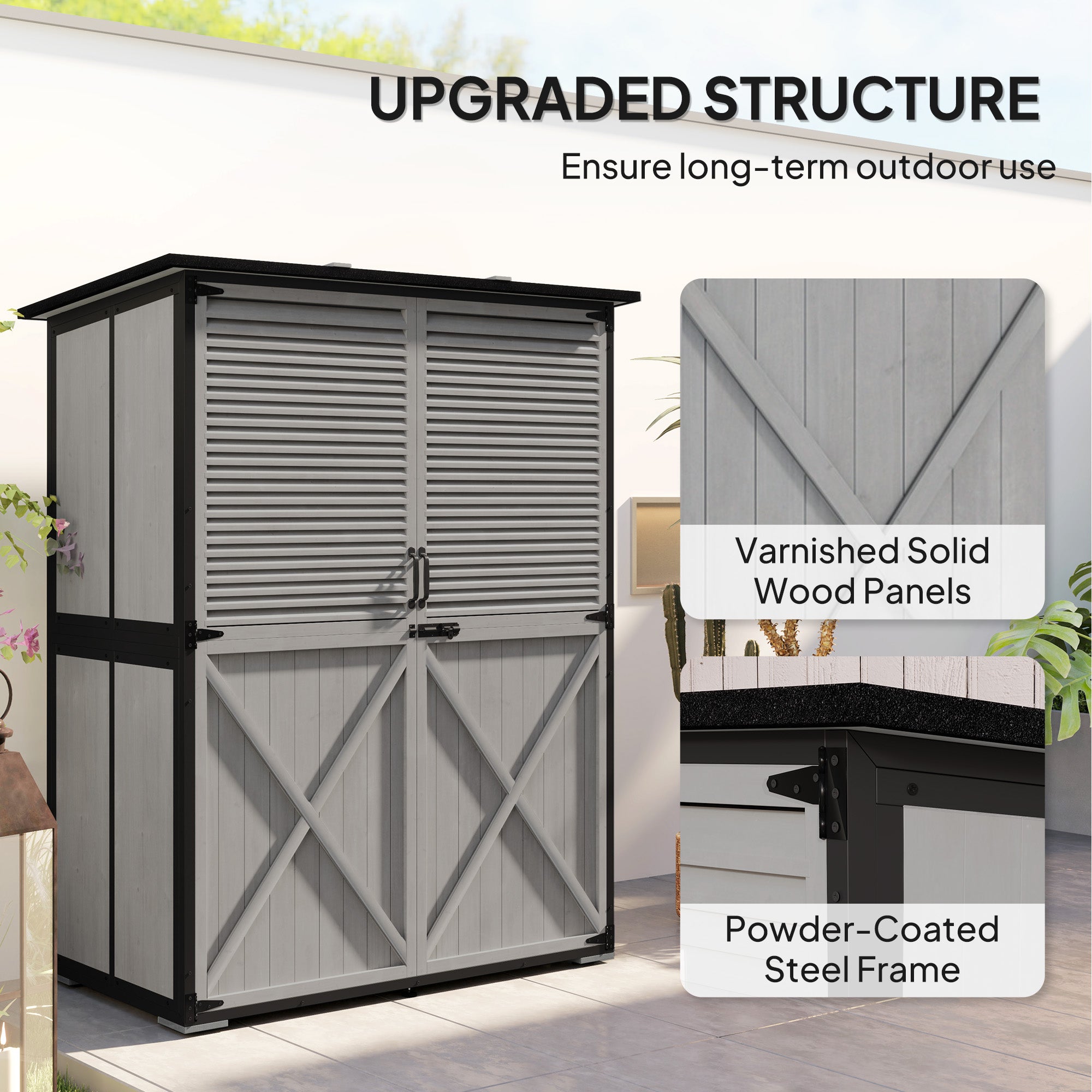 Outdoor Storage Cabinet, Wood Garden Shed with Steel Frame, Asphalt Roof, 2 Shelves and Lockable Doors, Grey Sheds at Gallery Canada