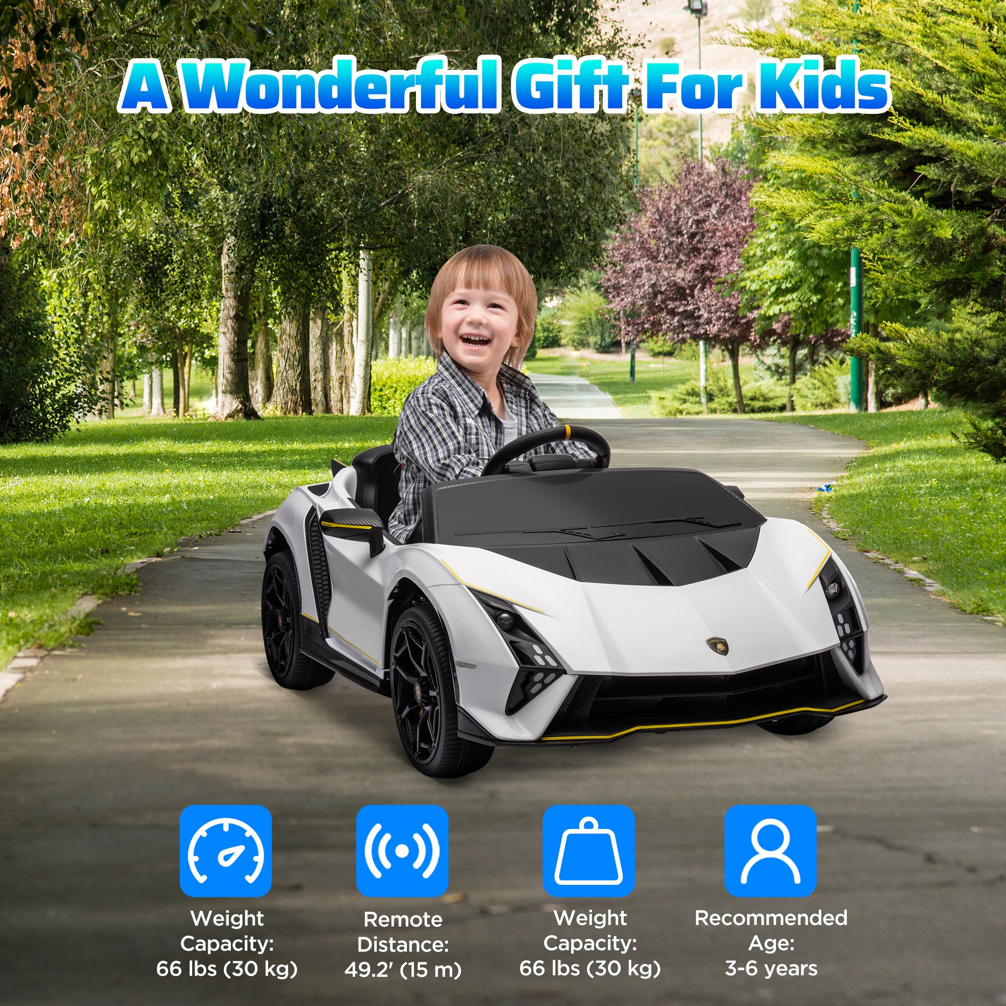 12V Lamborghini Autentica Licensed Kids Car with Remote Control, 4 Wheels Spring Suspension, Soft Start, White Electric Toy Cars   at Gallery Canada