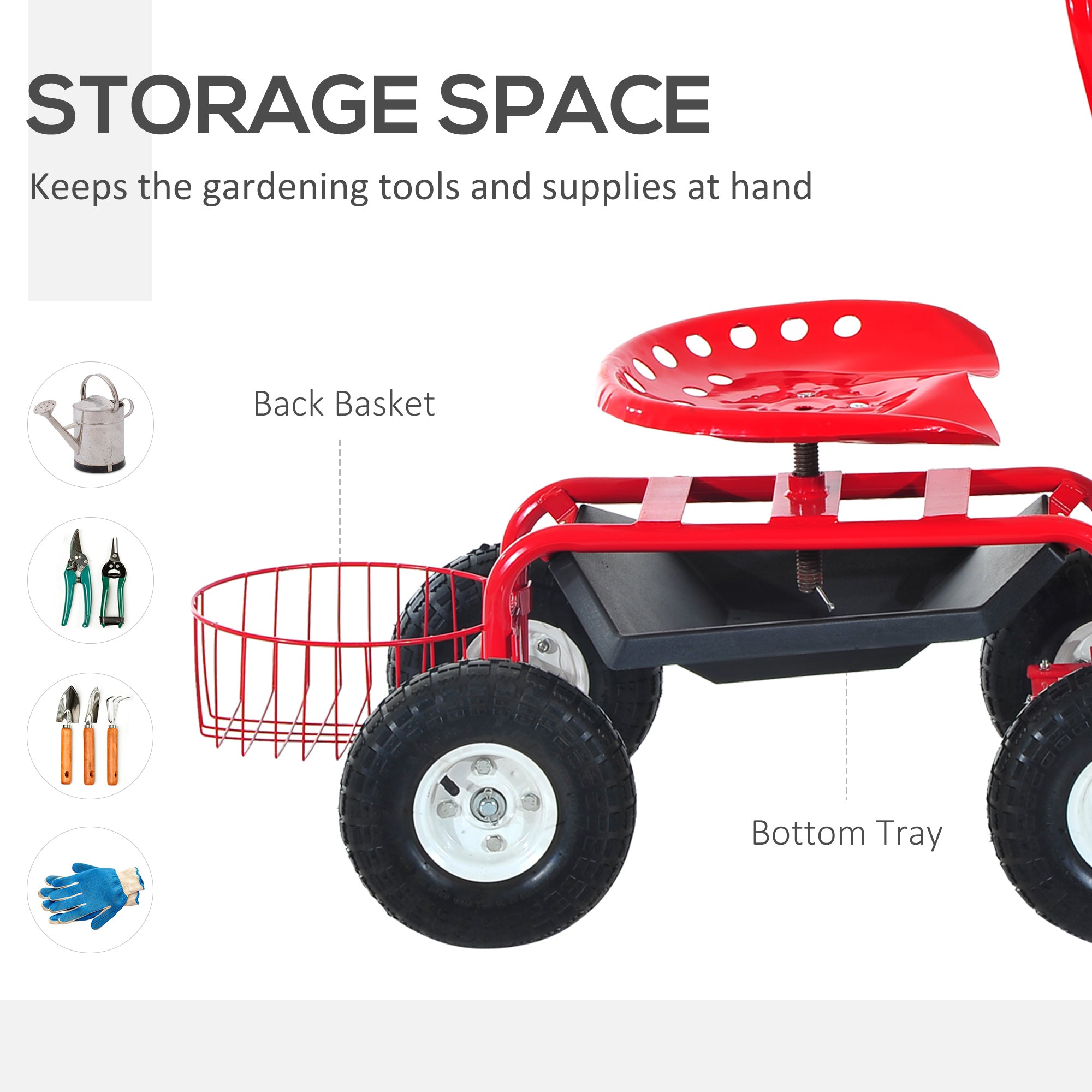 Garden Scooter, Rolling Cart with Swivel and Adjustable Seat, Tool Tray, Bucket Basket, Red and Black Folding Garden Carts at Gallery Canada
