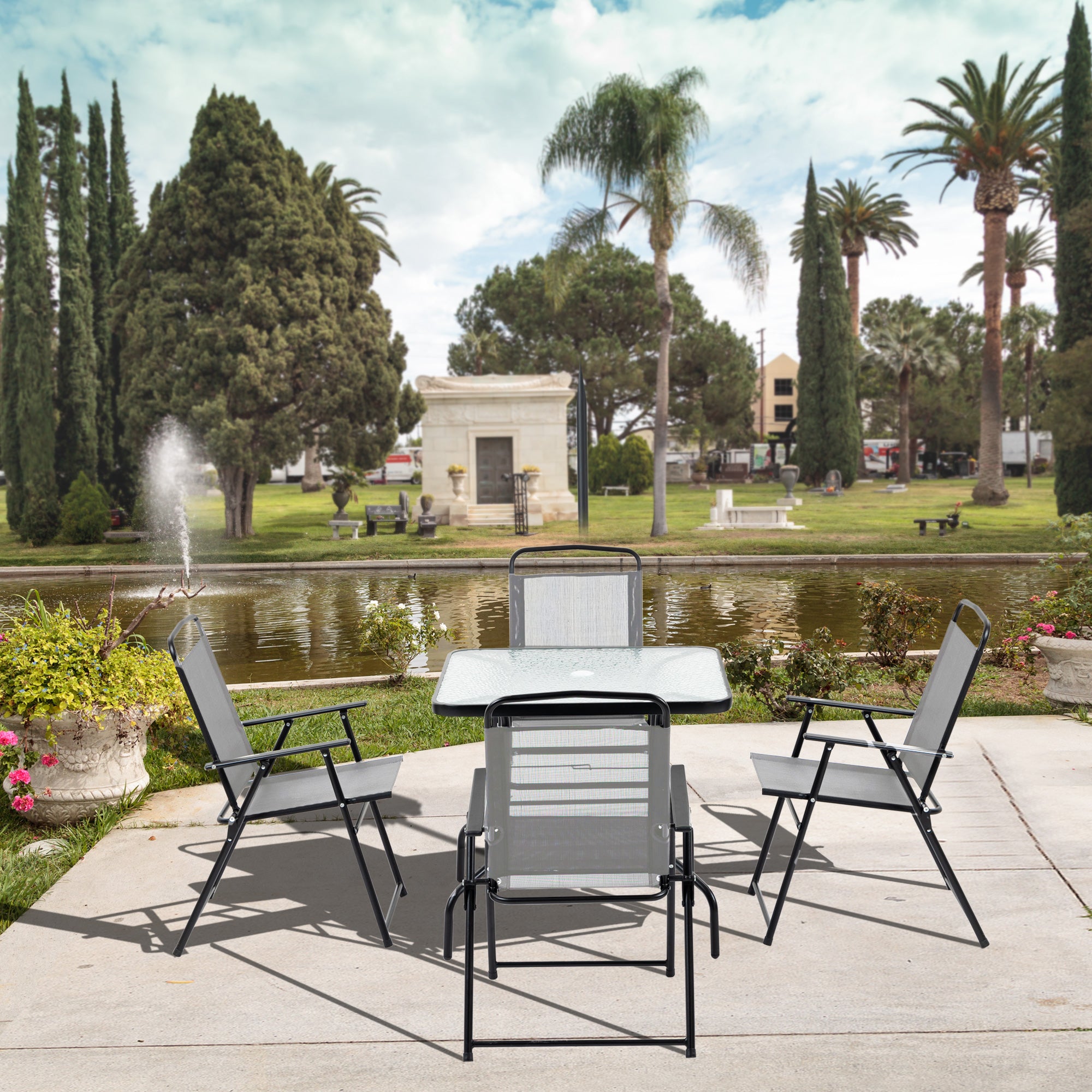 5 Pieces Patio Table and Chairs, Outdoor Dining Set with 4 Folding Chairs, Glass Tabletop and Parasol Hole, Grey Outdoor Dining Sets at Gallery Canada