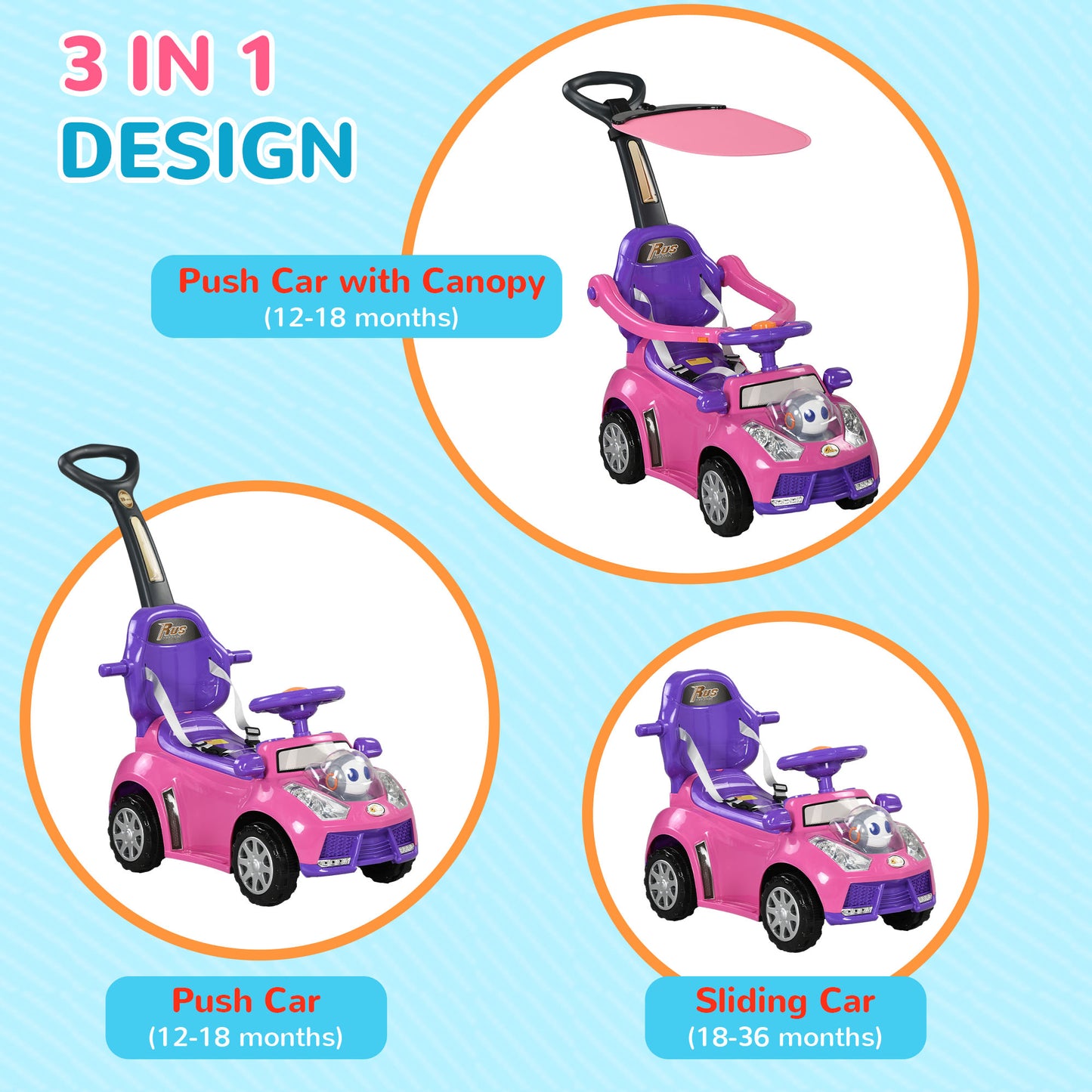 3 in 1 Kids Push Car Toddler Sliding Car, Foot to Floor Design with Music, Light, Handle, Removable Canopy, Pink Push Cars for Toddlers   at Gallery Canada