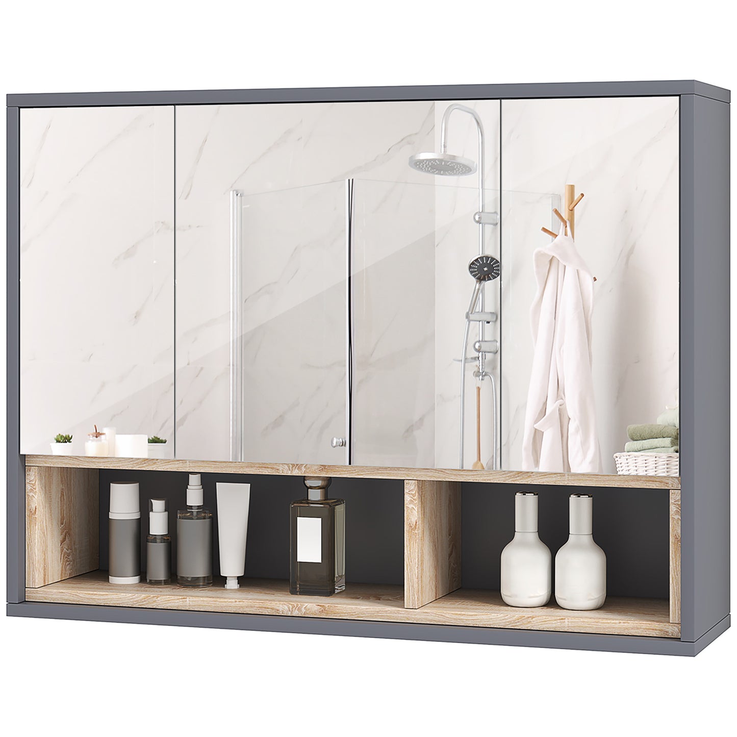 Wall Mounted Bathroom Medicine Cabinet with Mirror and Shelves, Grey